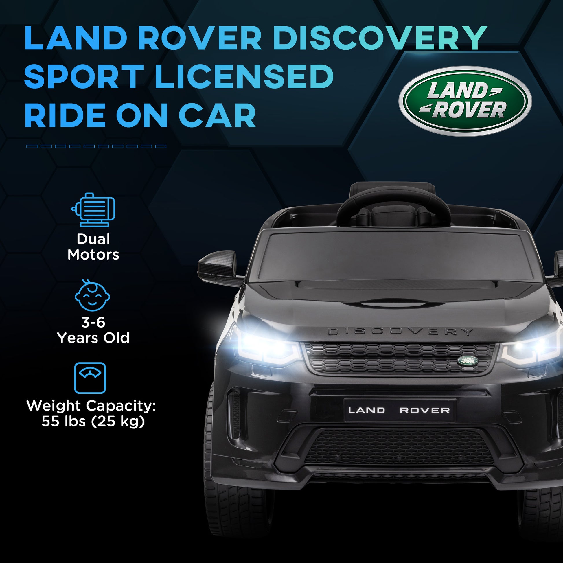 Land Rover Discovery Sport Licensed 12V Ride on Car w/ Remote, Soft Start, LED Lights, Music Horn, Black Electric Toy Cars   at Gallery Canada