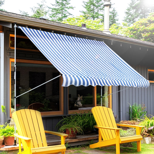 10x5ft Manual Retractable Awning, Patio Sun Shade Canopy Shelter with 5.6-9.2ft Support Pole, Water Resistant UV Protector, for Window, Door, Porch, Deck, Blue