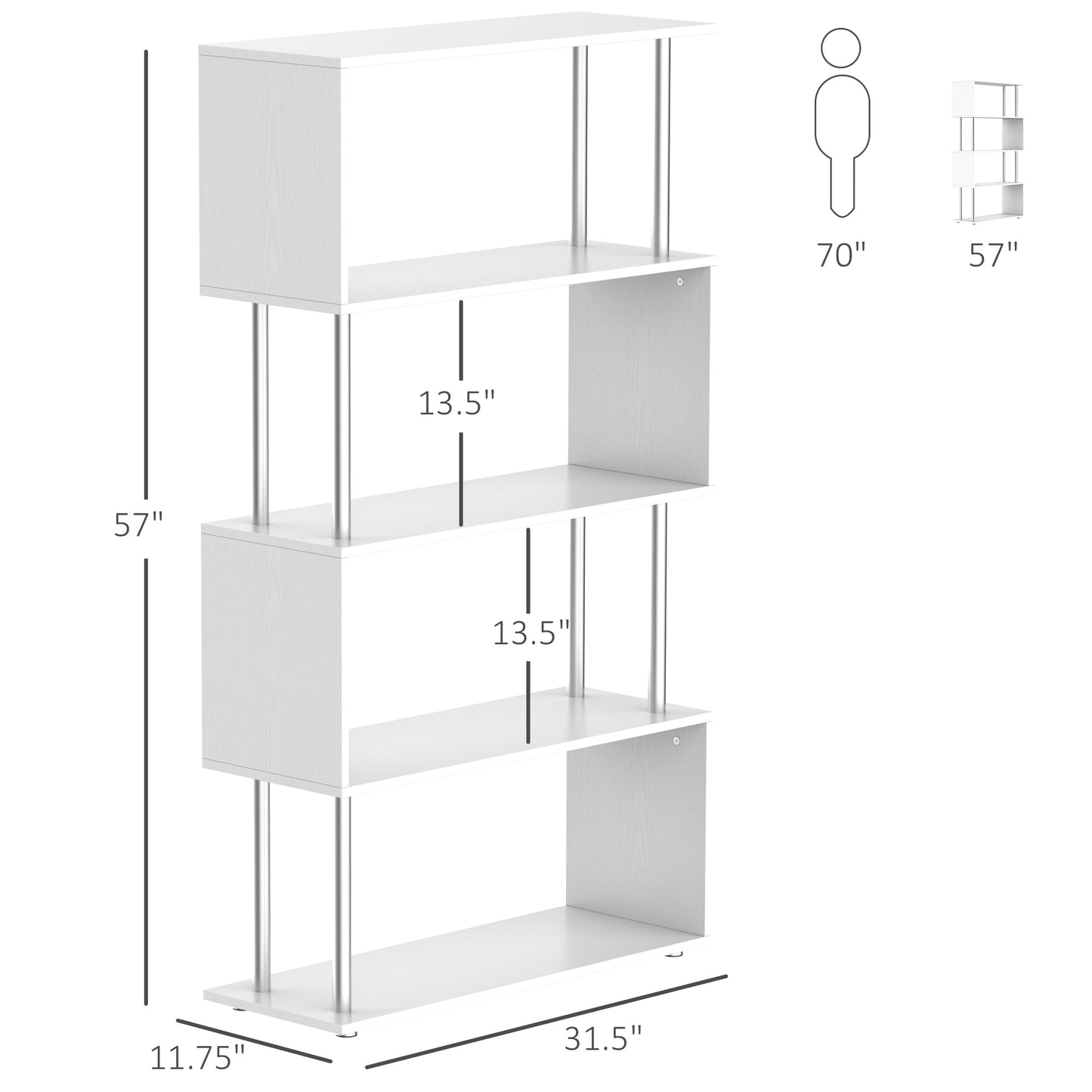 5-Tiers Wooden Bookcase Z-Shape Storage Bookshelf Display with Metal Frame for Living Room, Bedroom, Office, White Display Bookshelves White Wood Grain  at Gallery Canada