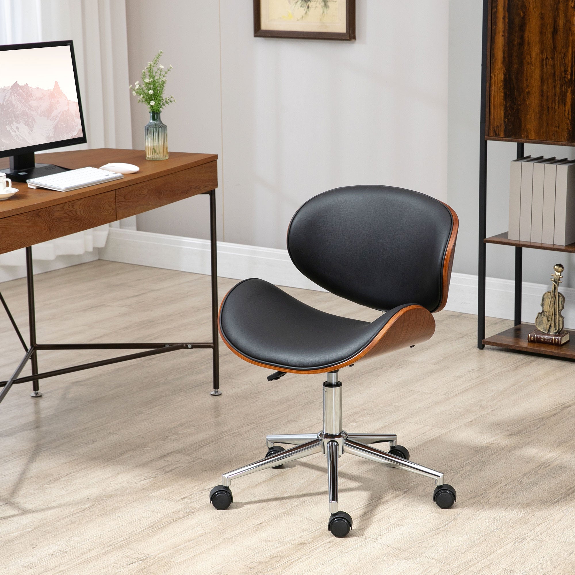 Home Office Chair, Faux Leather and Bentwood Computer Desk Chair with 360 Degree Swivel Wheels, Adjustable Height and Curved Seat, Black Task Chairs at Gallery Canada