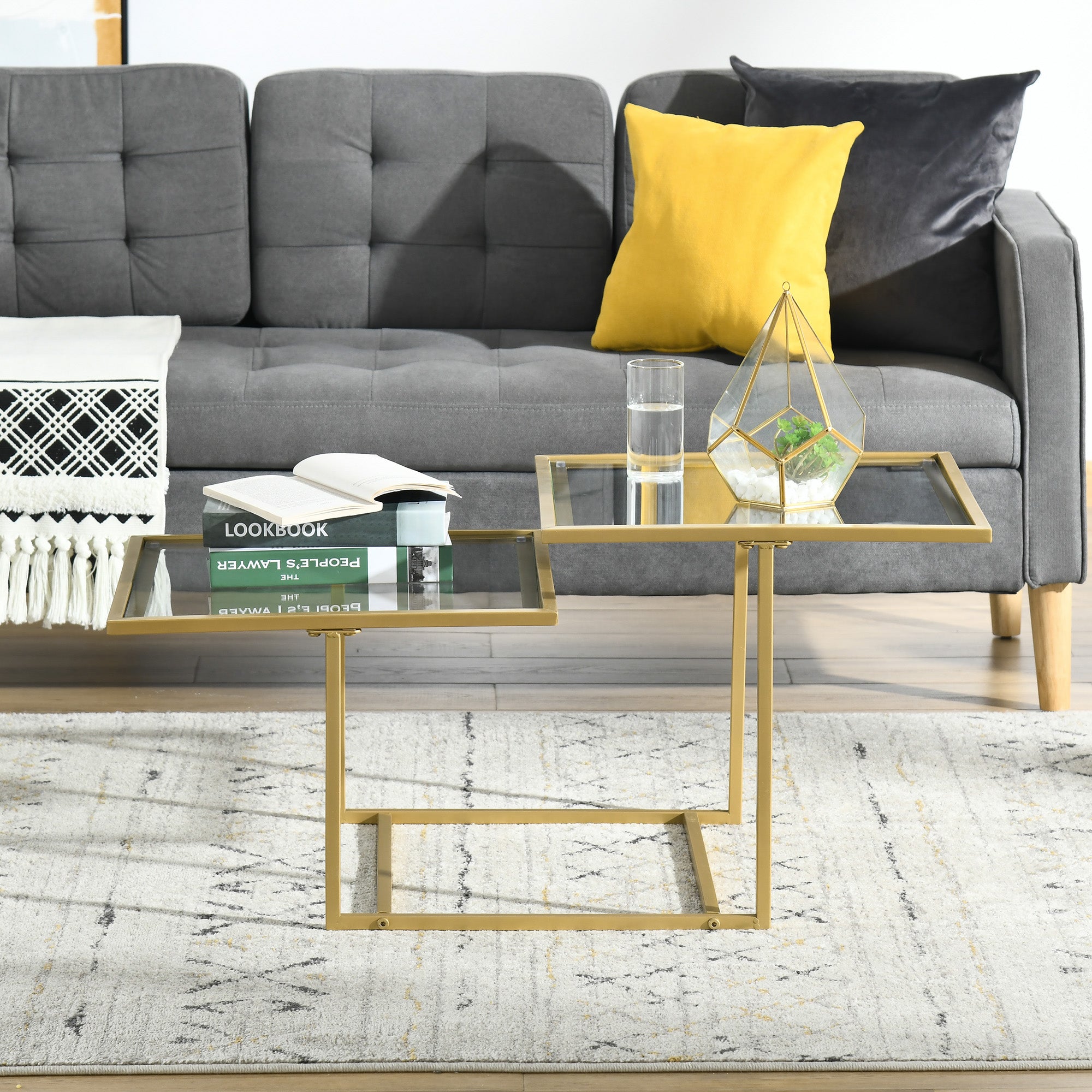 Contemporary Coffee Tables with Double Tempered Glass Tabletops, Golden Side Table with Metal Base Adjustable Foot for Living Room, Bedroom Coffee Tables   at Gallery Canada