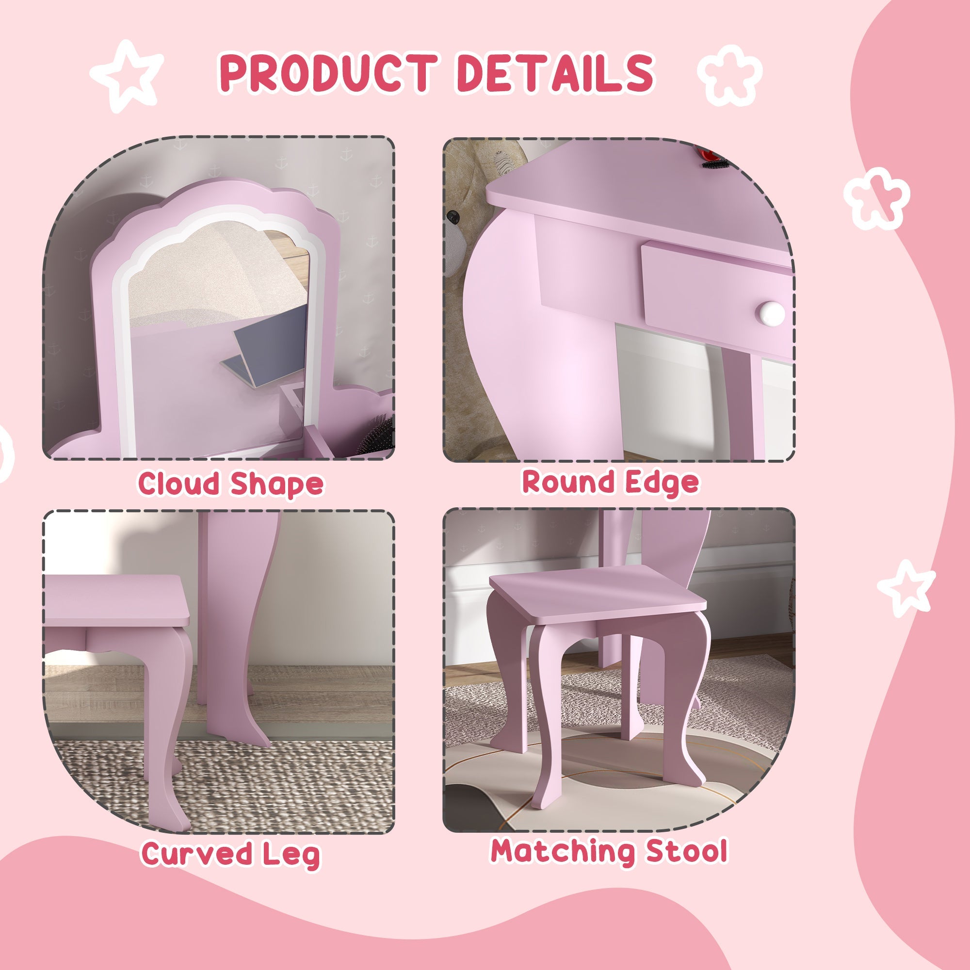 Makeup Vanity with Mirror and Stool, Cloud Design, Drawer, Storage Boxes, for 3-6 Years Old, Pink Toy Vanity   at Gallery Canada