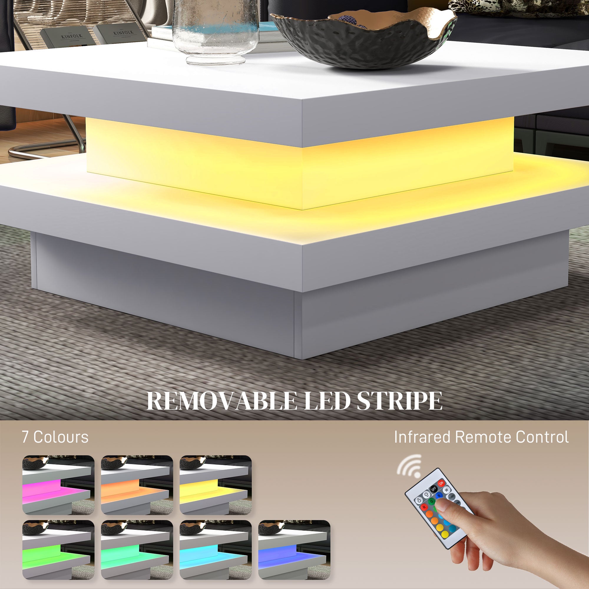 Square Coffee Table with 7 LED Lights and Remote, 2-Tier Modern Center Table for Living Room, White Coffee Tables   at Gallery Canada