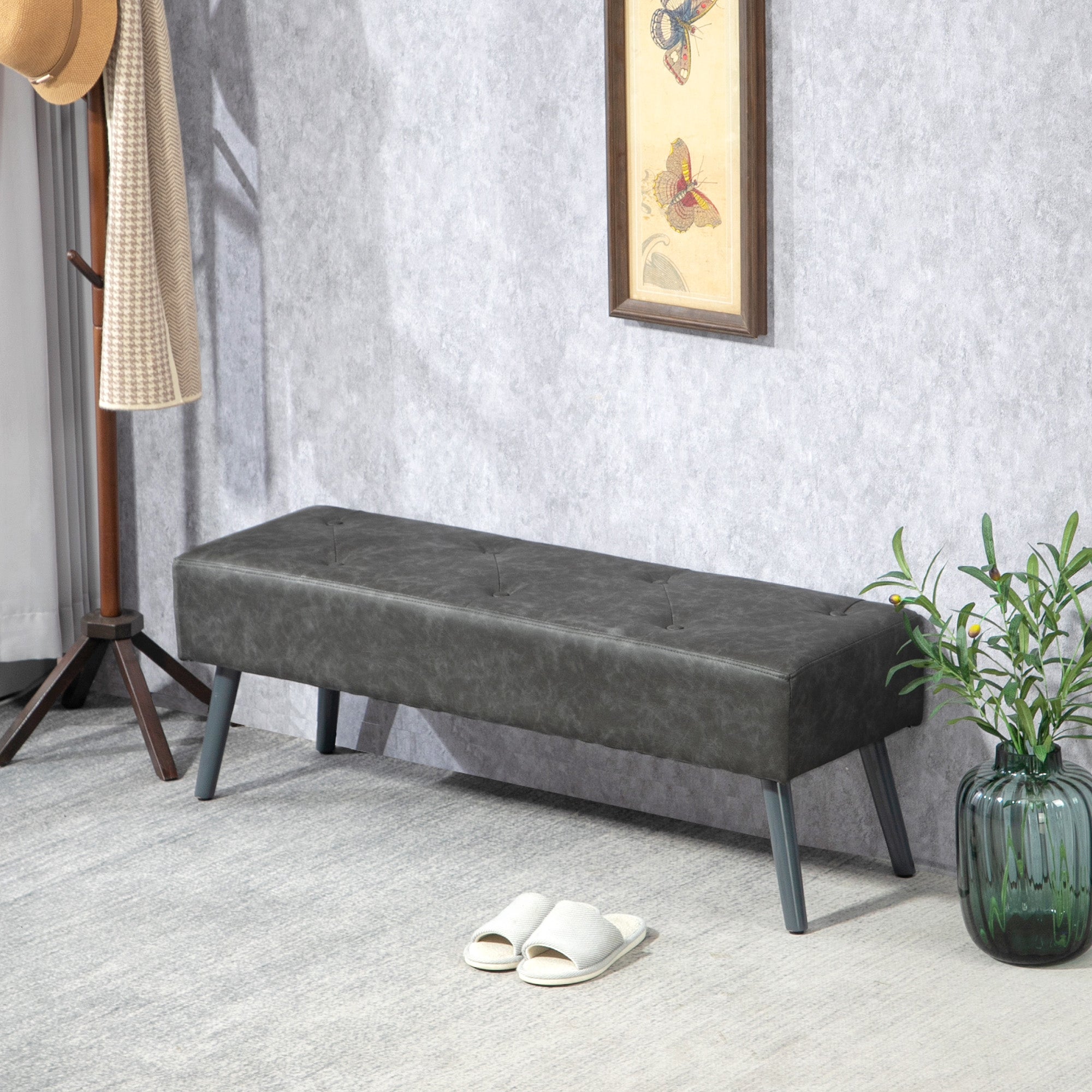 Bedroom Bench, End of Bed Bench with Button Tufted, PU Leather Upholstered Entryway Bench with Wood Legs, Grey Storage Ottomans & Benches at Gallery Canada
