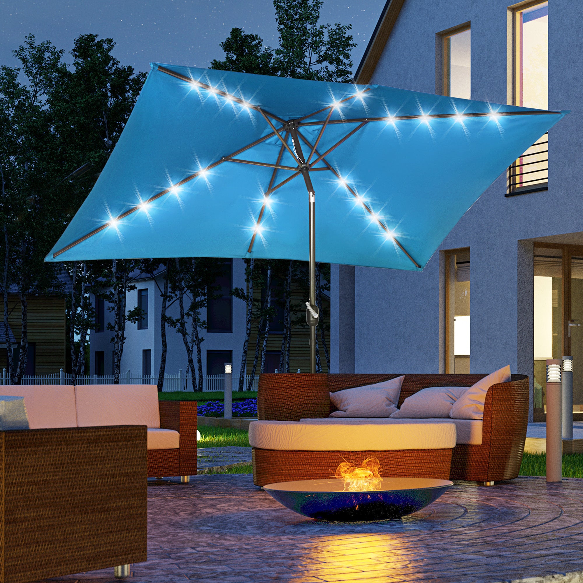 6.5x10ft Patio Umbrella Rectangle Solar Powered Tilt Aluminum Outdoor Market Parasol with LEDs Crank (Turquoise) Sun Umbrellas at Gallery Canada