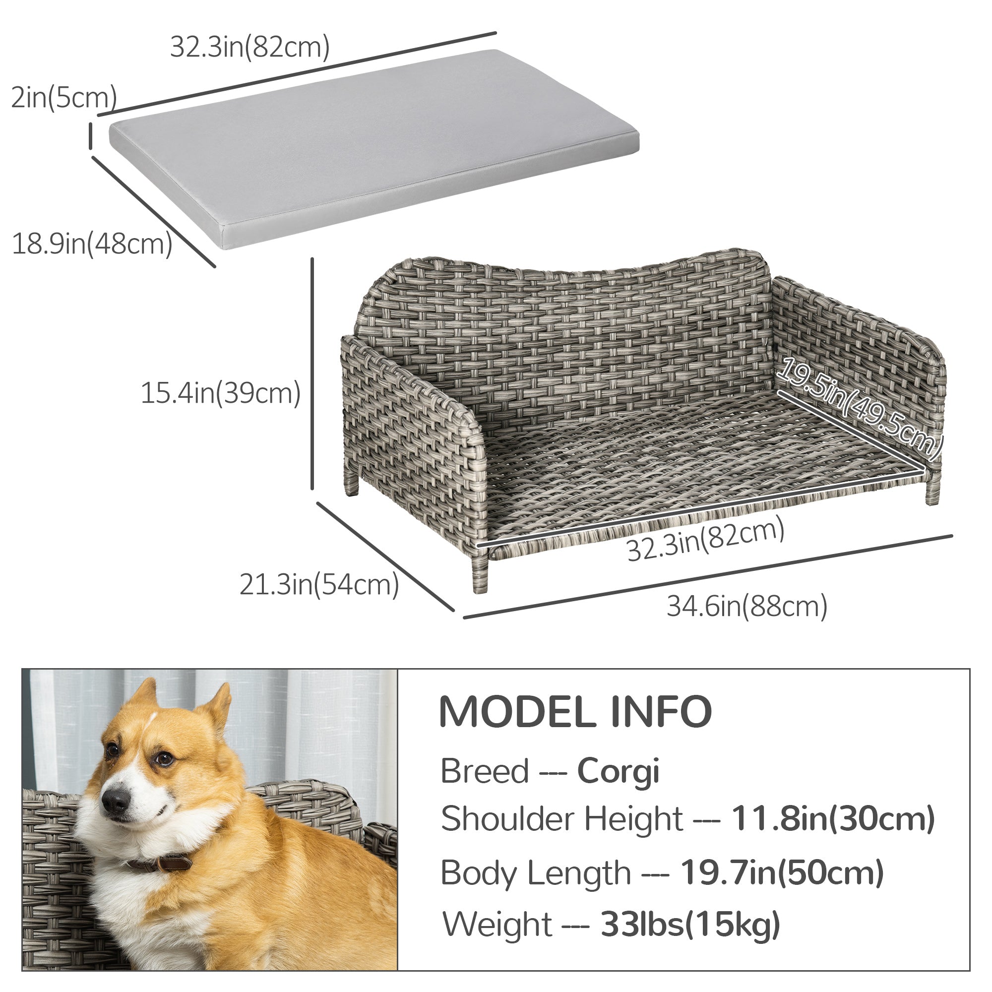 Rattan Pet Sofa for Large &; Medium Dogs, Indoor &; Outdoor Raised Wicker Dog Bed, Cat Couch, with Soft Washable Cushion, Light grey Dog Sofas at Gallery Canada