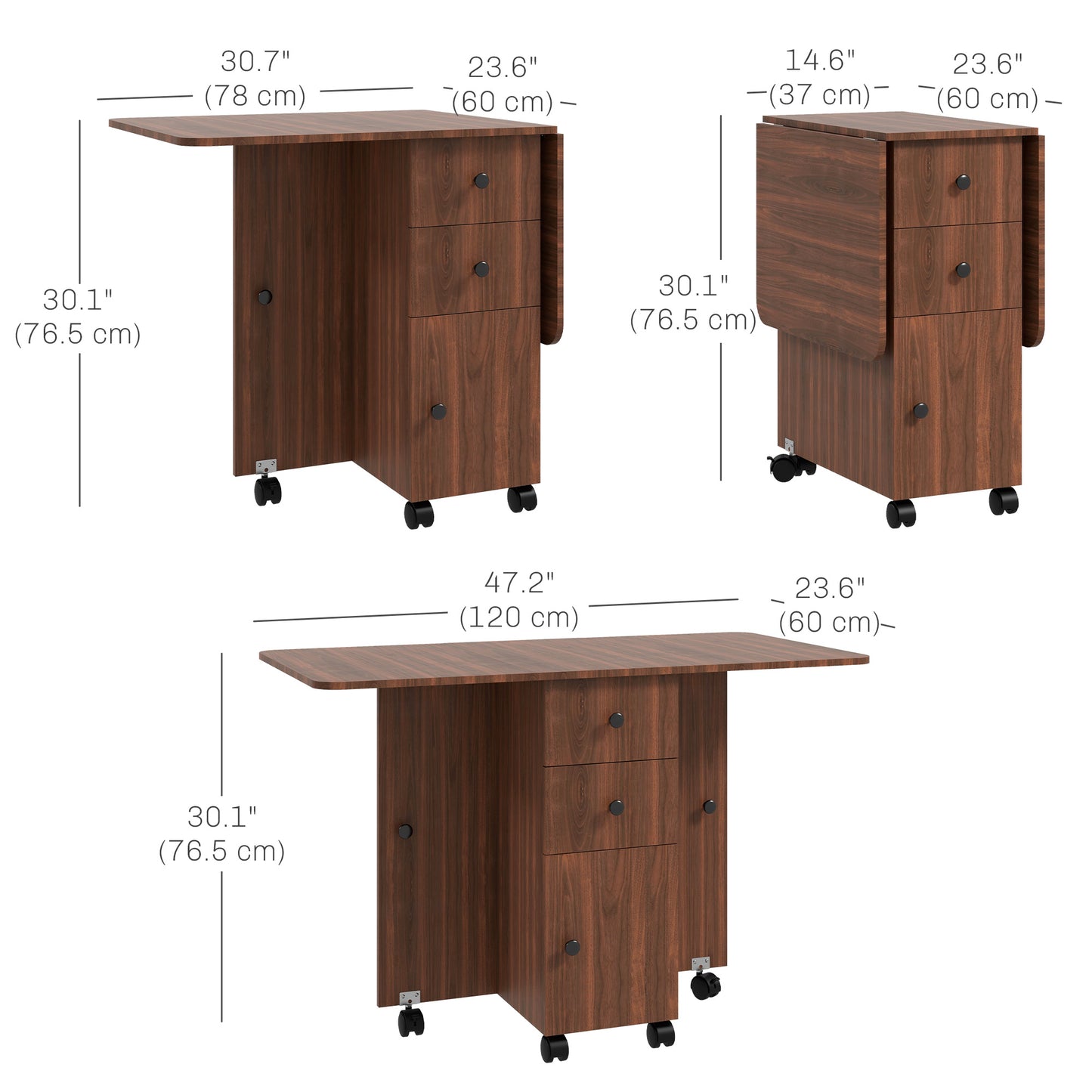 Drop Leaf Dining Table, Mobile Folding Table on Wheels with Drawers and Cabinet for Dining Room, Kitchen, Brown Bar Tables & Dining Tables   at Gallery Canada