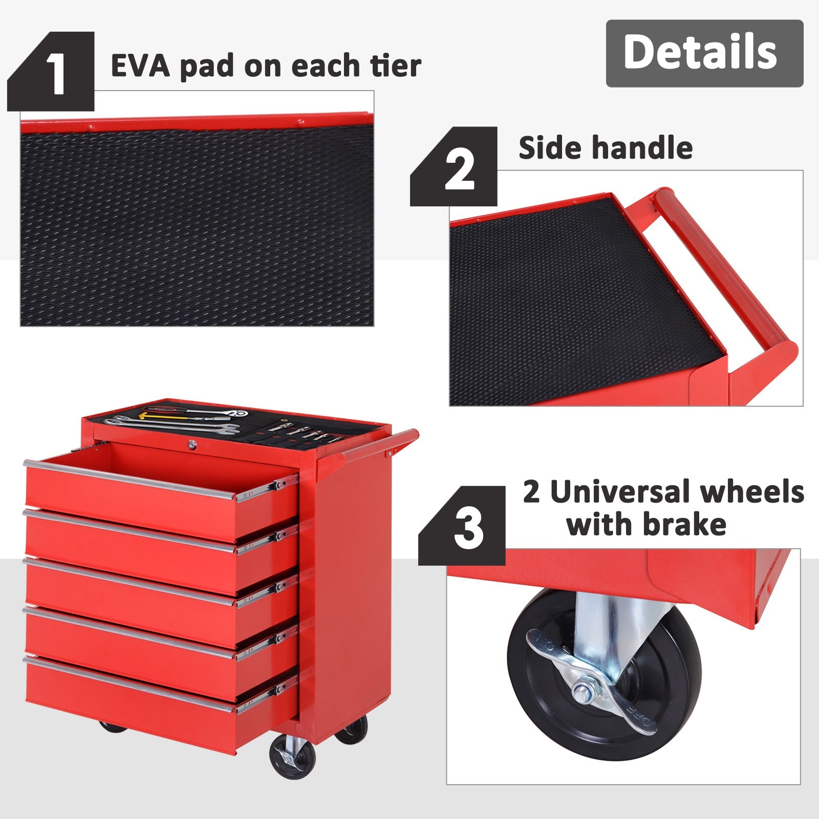 5 Drawer Roller Tool Chest, Mobile Lockable Toolbox, Storage Organizer with Handle for Workshop Mechanics Garage, Red Tool Organizers   at Gallery Canada