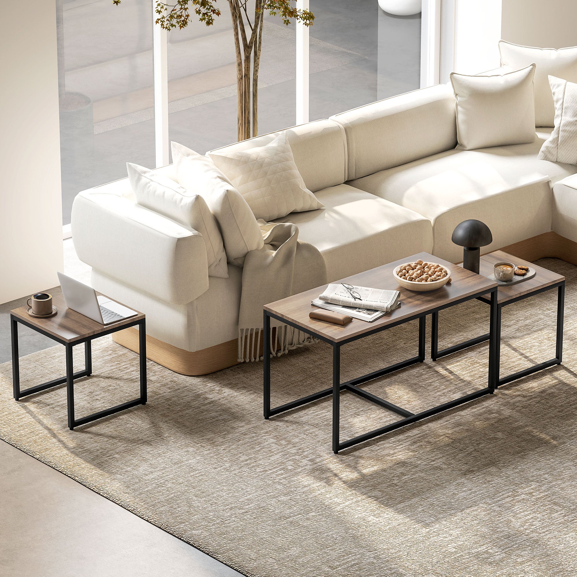 Nesting Coffee Table Set of 3, Modern End Tables with Black Metal Frame for Living Room Home Furniture, Brown Coffee Tables at Gallery Canada