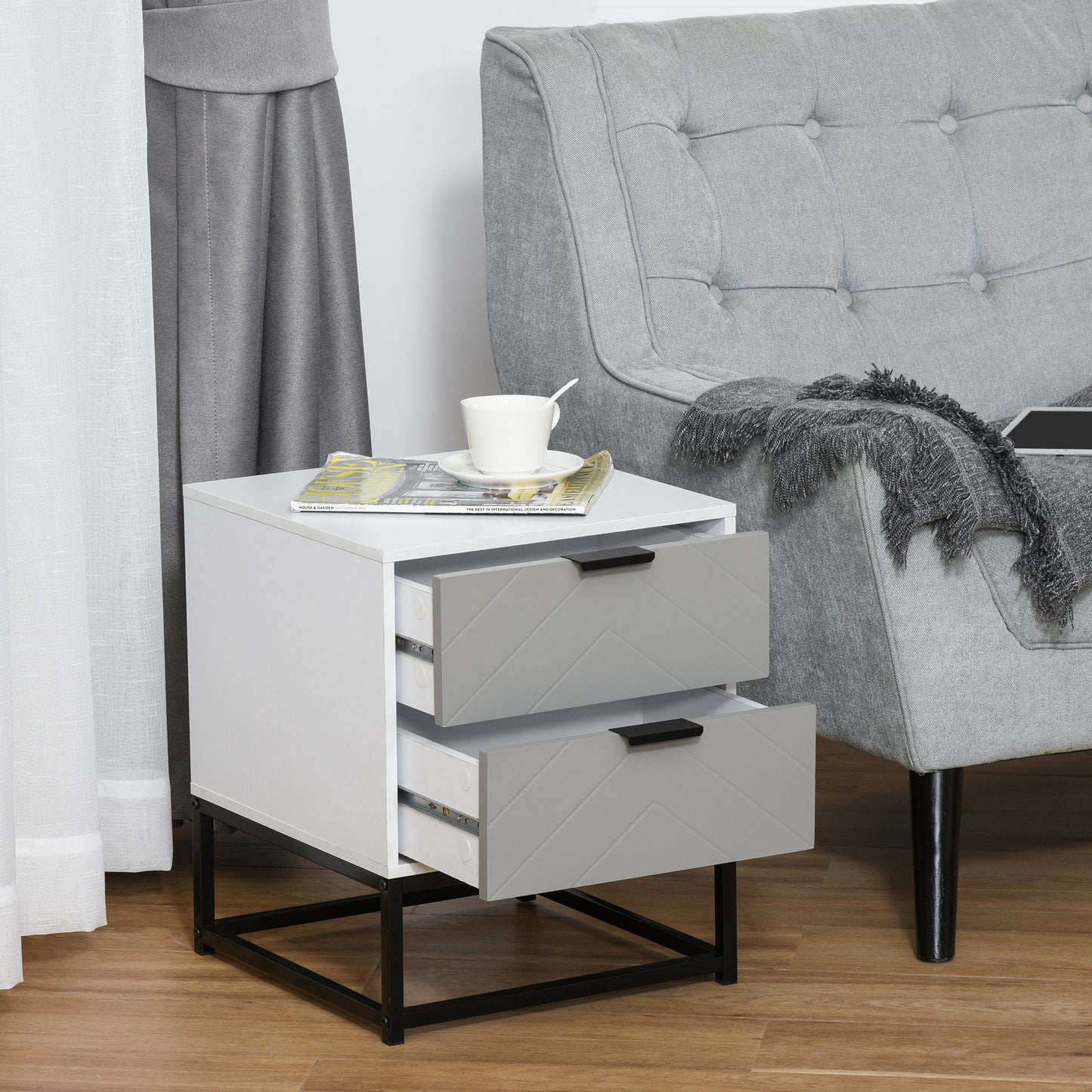 Bedside Table with 2 Drawer Storage Unit, Unique Shape Nightstand with Metal Base for Bedroom Bedside Tables   at Gallery Canada