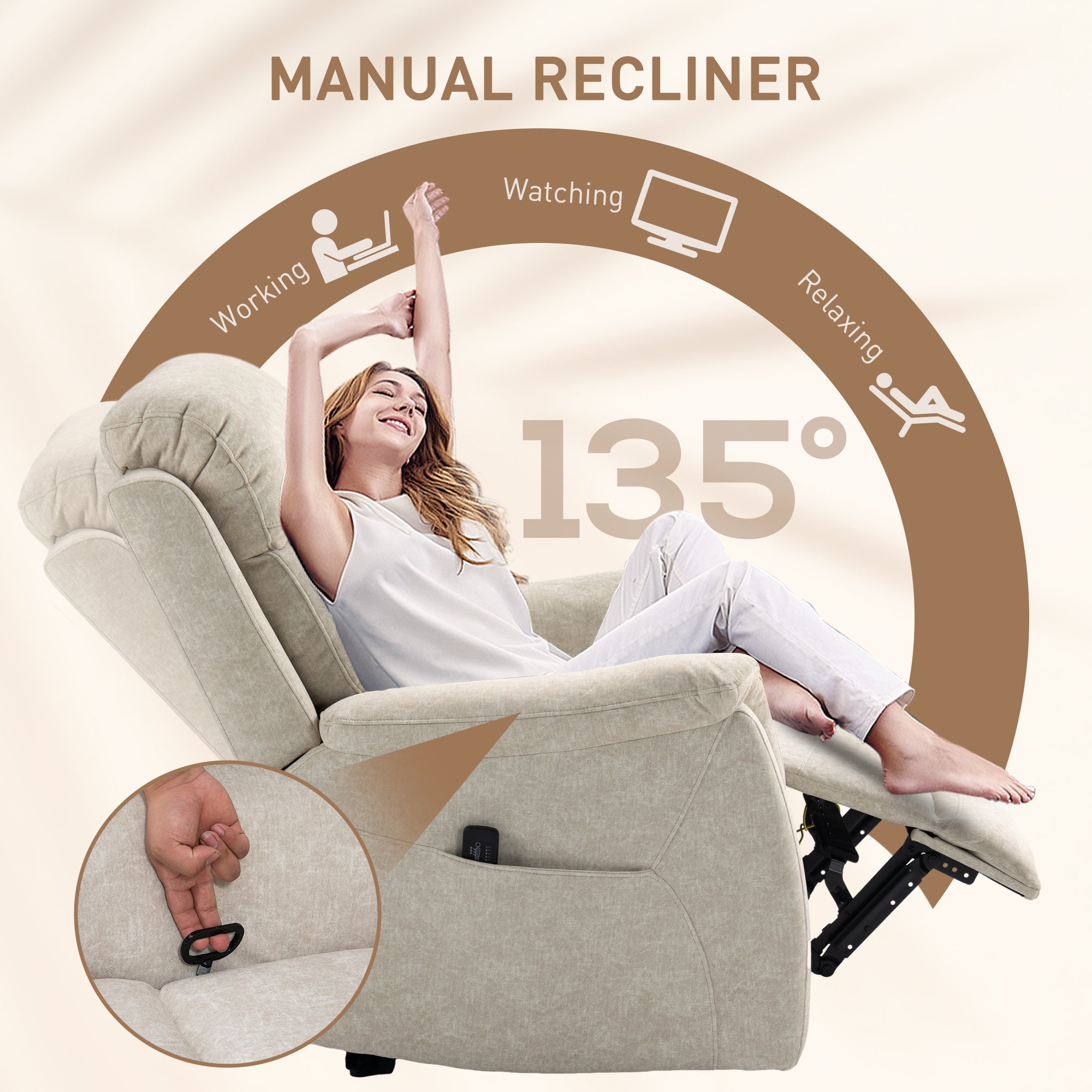 Manual Recliner Chair with Vibration Massage, Reclining Chair for Living Room with Side Pockets, Beige Single Sofas at Gallery Canada