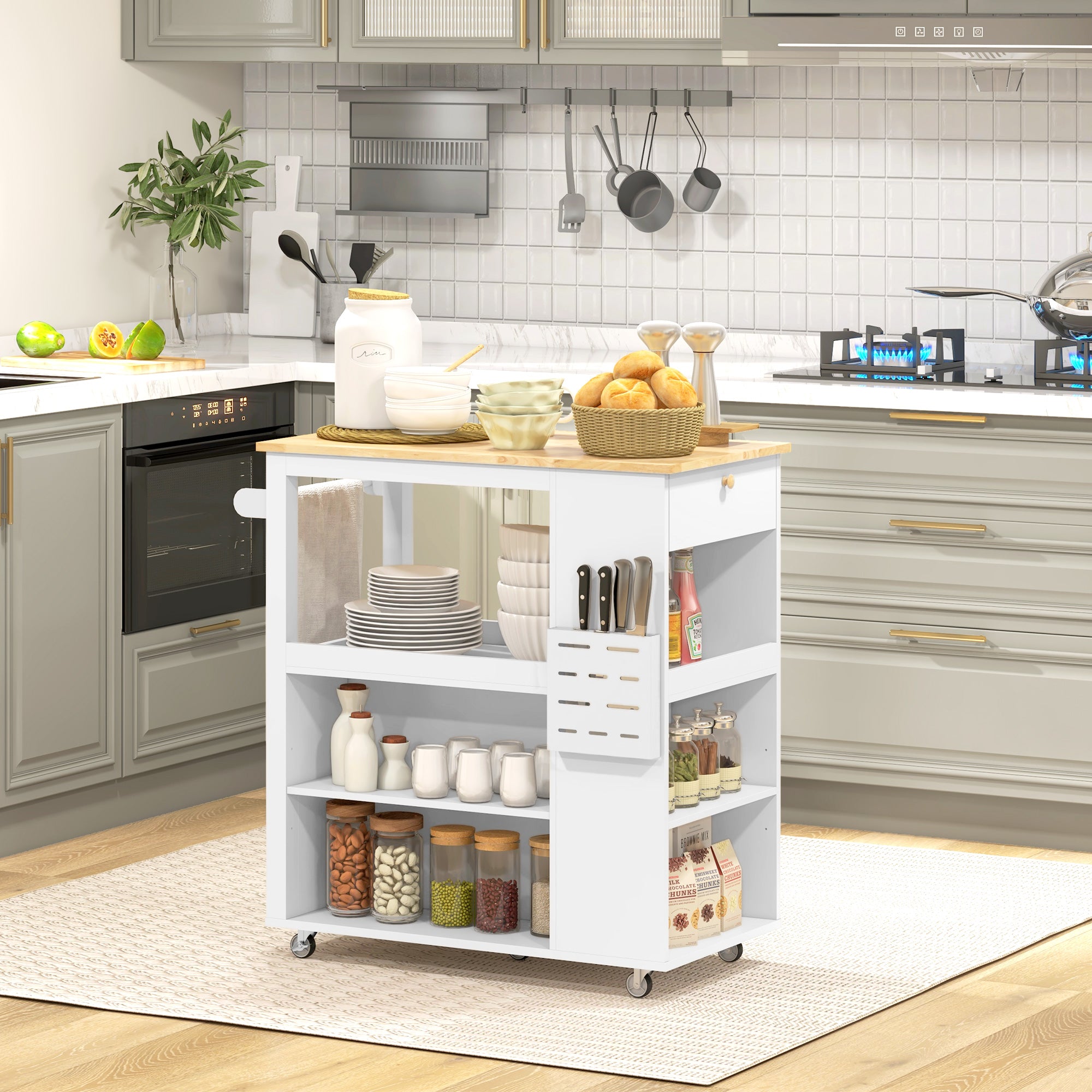 Kitchen Island Table Kitchen Cart with Rubberwood Top, Adjustable Shelves, Knife Rack, Towel Rack, Cabinet, White Kitchen Islands & Kitchen Carts at Gallery Canada