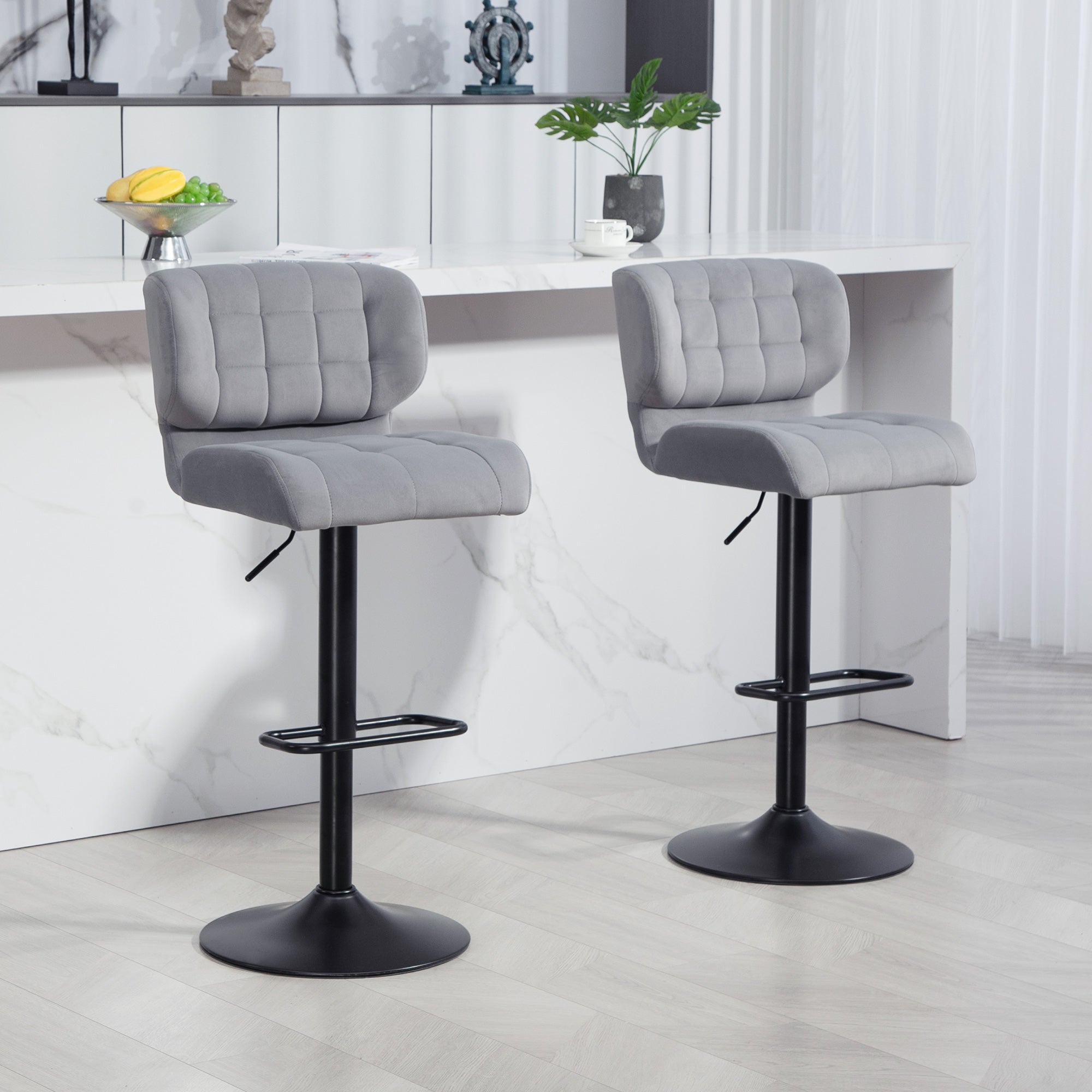 Swivel Velvet-feel Fabric Barstools Set of 2 Adjustable Bar Stools with Footrest for Counter Dining Room Grey Bar Stools   at Gallery Canada