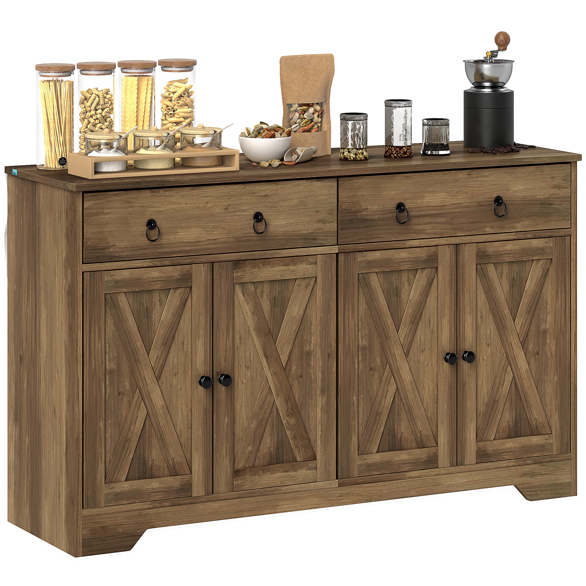 Sideboard Cabinet with 2 Drawers, 4 Barn Doors and 2 Adjustable Shelves, Buffet Table for Living Room, Light Brown Bar Cabinets at Gallery Canada