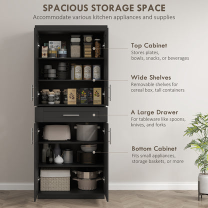 72" Storage Cabinet, Freestanding Kitchen Pantry Cabinet with 4 Doors, Drawer and 3 Adjustable Shelves, Black Kitchen Pantry Cabinets   at Gallery Canada