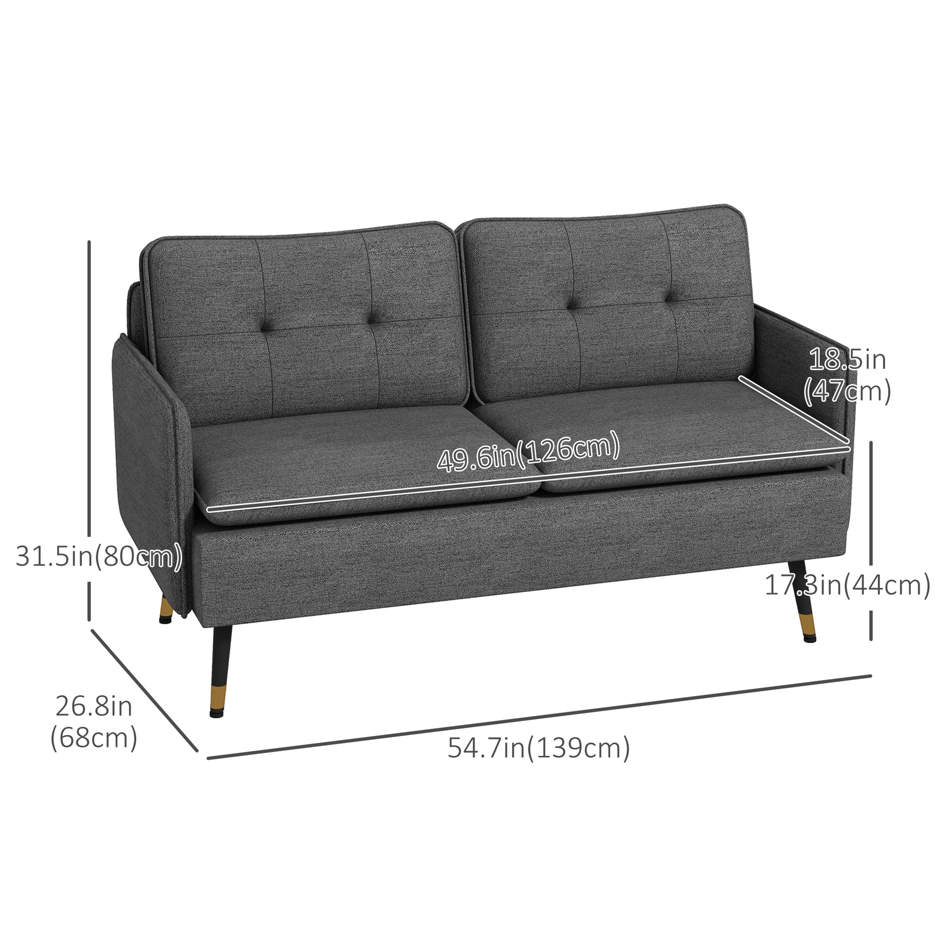 Modern 55" Loveseat, Fabric Love Seat Sofa with Button Tufted Back, Steel Legs for Bedroom, Living Room, Dark Grey 2-Seater Sofas   at Gallery Canada