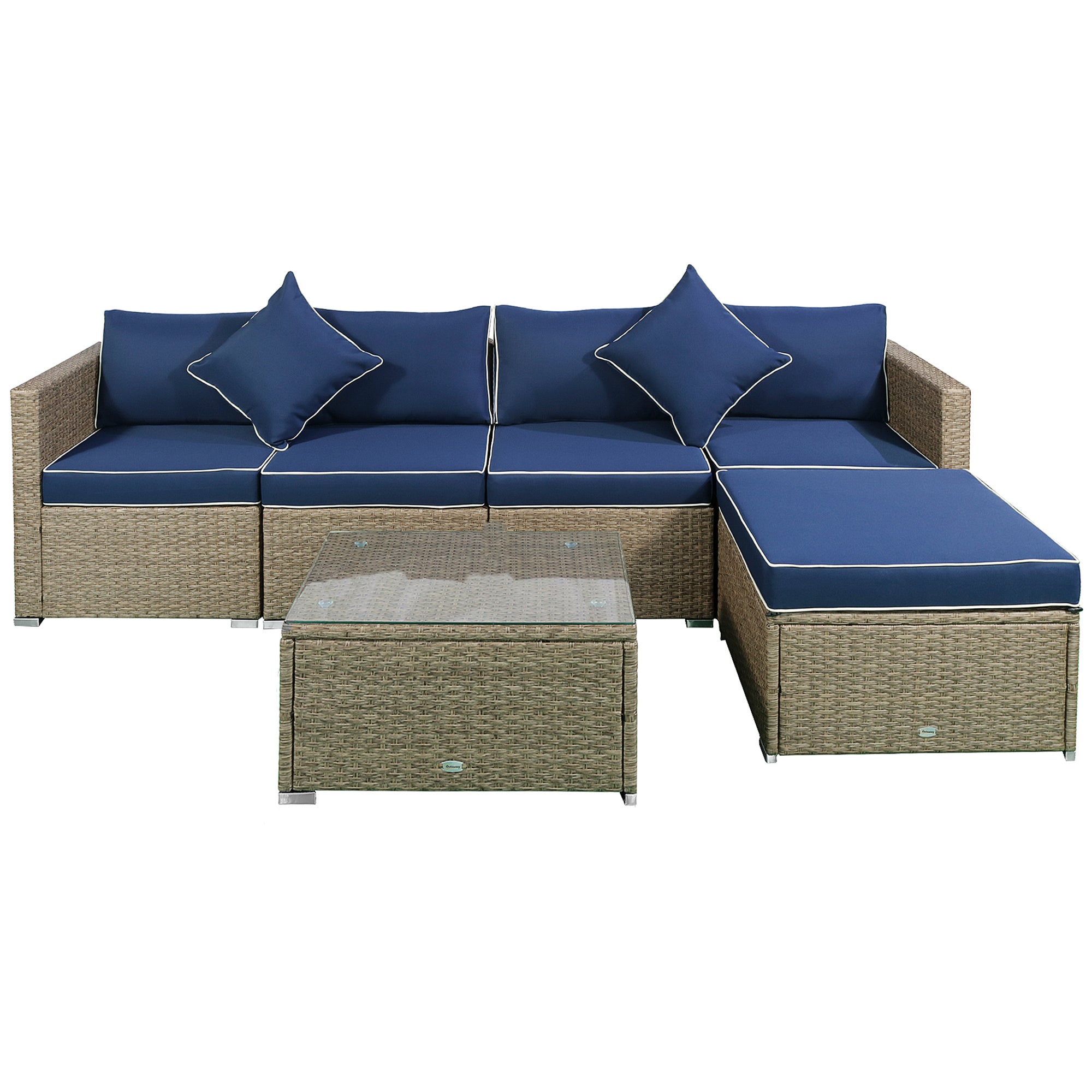 6 Pieces Outdoor PE Rattan Wicker Patio Furniture Sofa Set with Thick Cushions, Deluxe Garden Sectional Couch with Glass Top Table, Yellow and Navy Blue Patio Furniture Sets at Gallery Canada