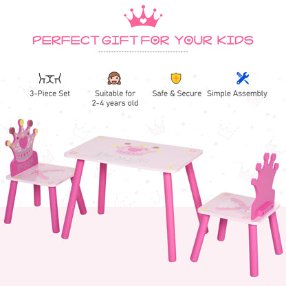 3-Piece Set Kids Wooden Table Chair with Crown Pattern Easy to Clean Gift for Girls Toddlers Age 2-4 Years Old Pink Kids Table Sets   at Gallery Canada