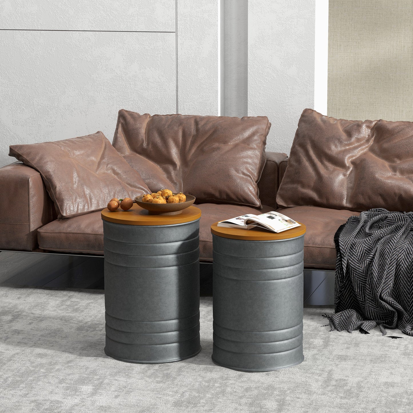 Round Side Table Set of 2, Nesting Coffee Tables w/ Wooden Lid, Galvanized Sheet Frame and Hidden Storage Space, Grey Side Tables   at Gallery Canada