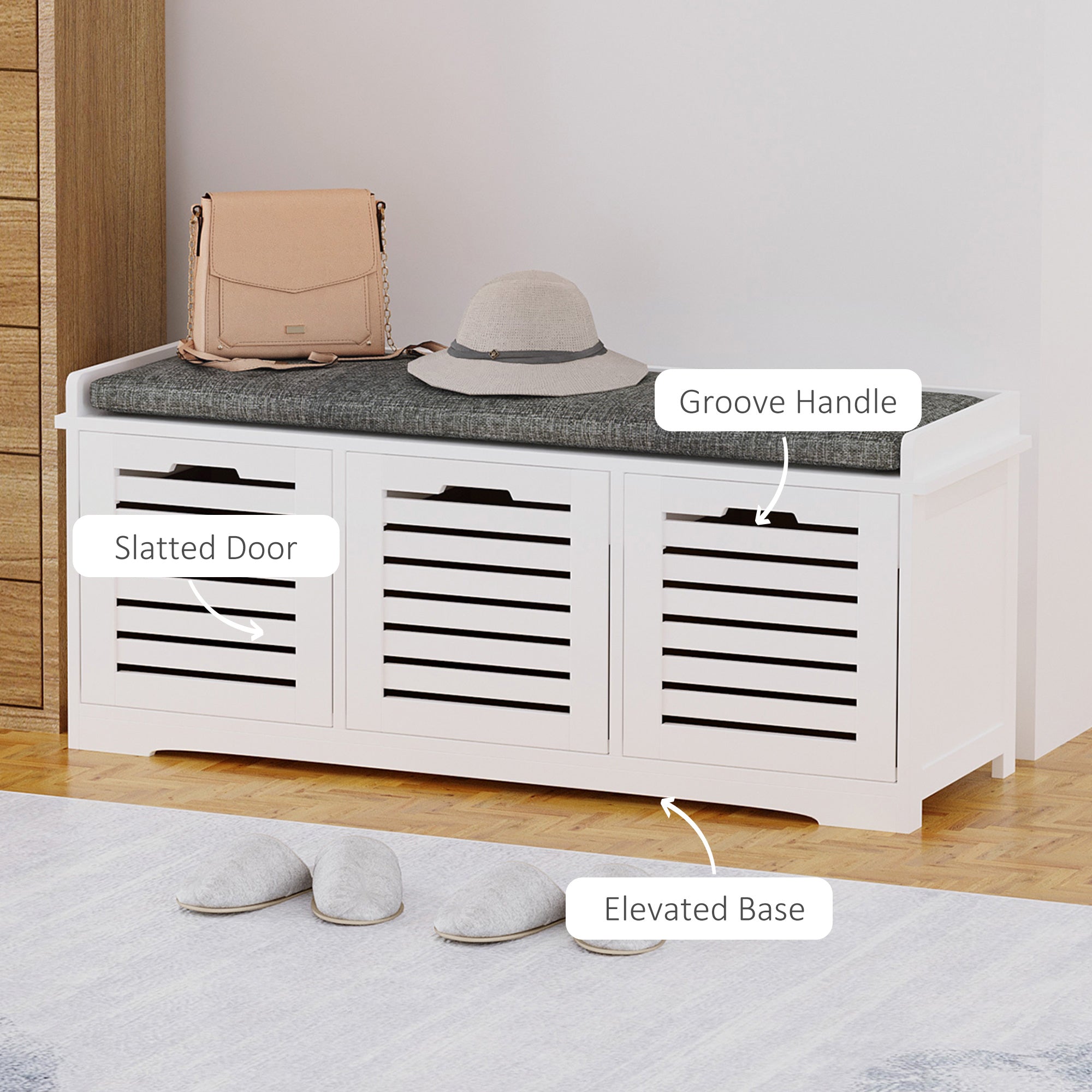 Upholstered Shoe Cabinet Storage Bench with Padded Cushion, with 3 drawer Enough Storage Space Bench Stool for Living Room Entryway Furniture, White Shoe Storage Cabinets & Racks   at Gallery Canada