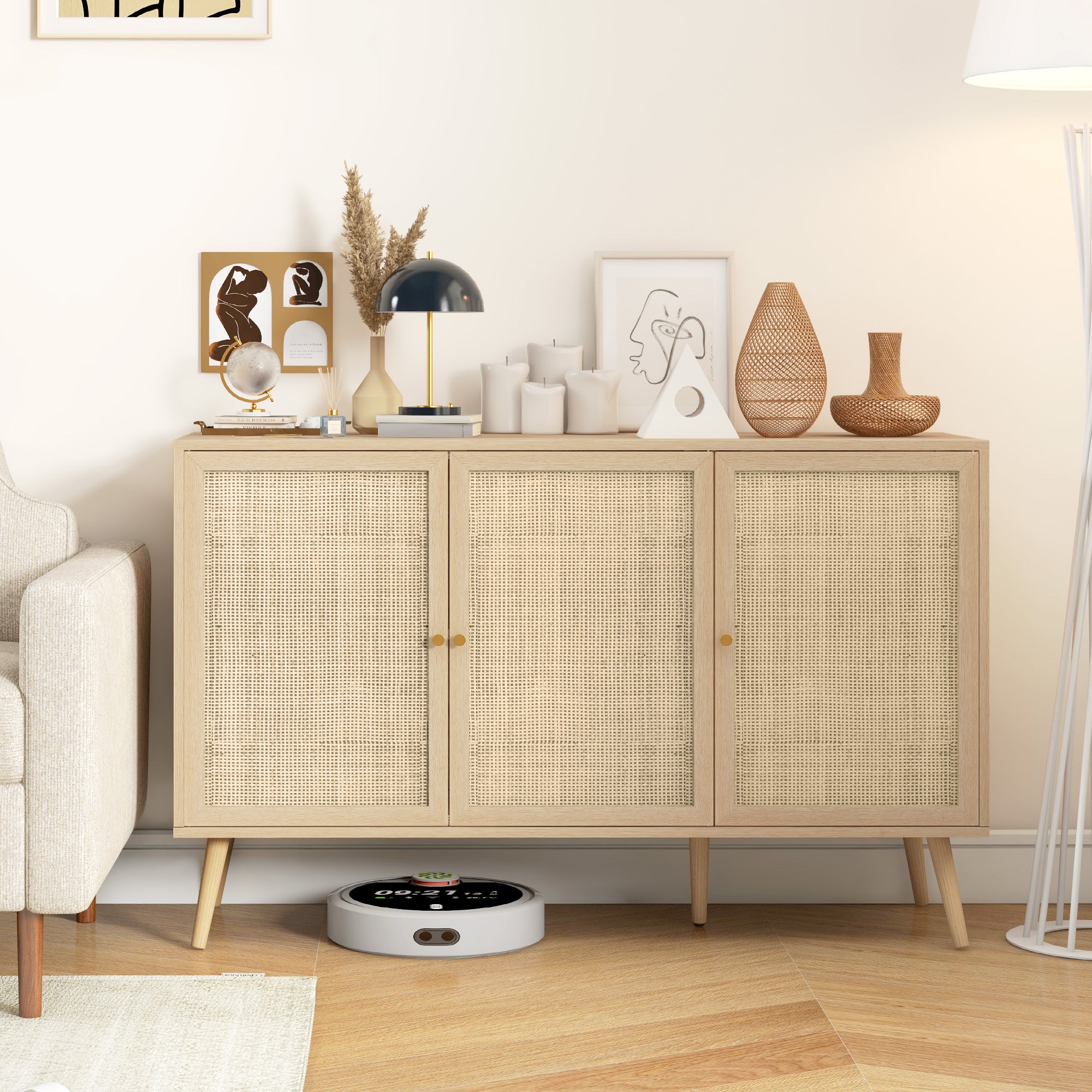 Kitchen Sideboard Cabinet, Boho Storage Cabinet with Shelves, Wood Legs, Decorative Rattan Doors, Natural Storage Cabinets Natural  at Gallery Canada