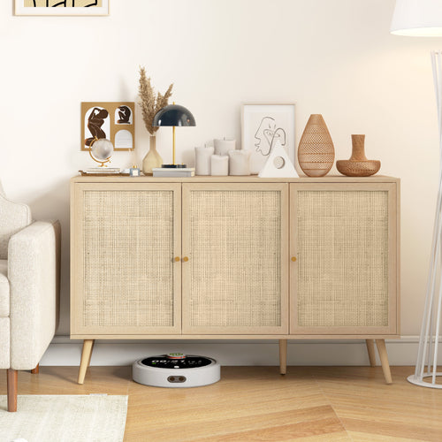 Kitchen Sideboard Cabinet, Boho Storage Cabinet with Shelves, Wood Legs, Decorative Rattan Doors, Natural