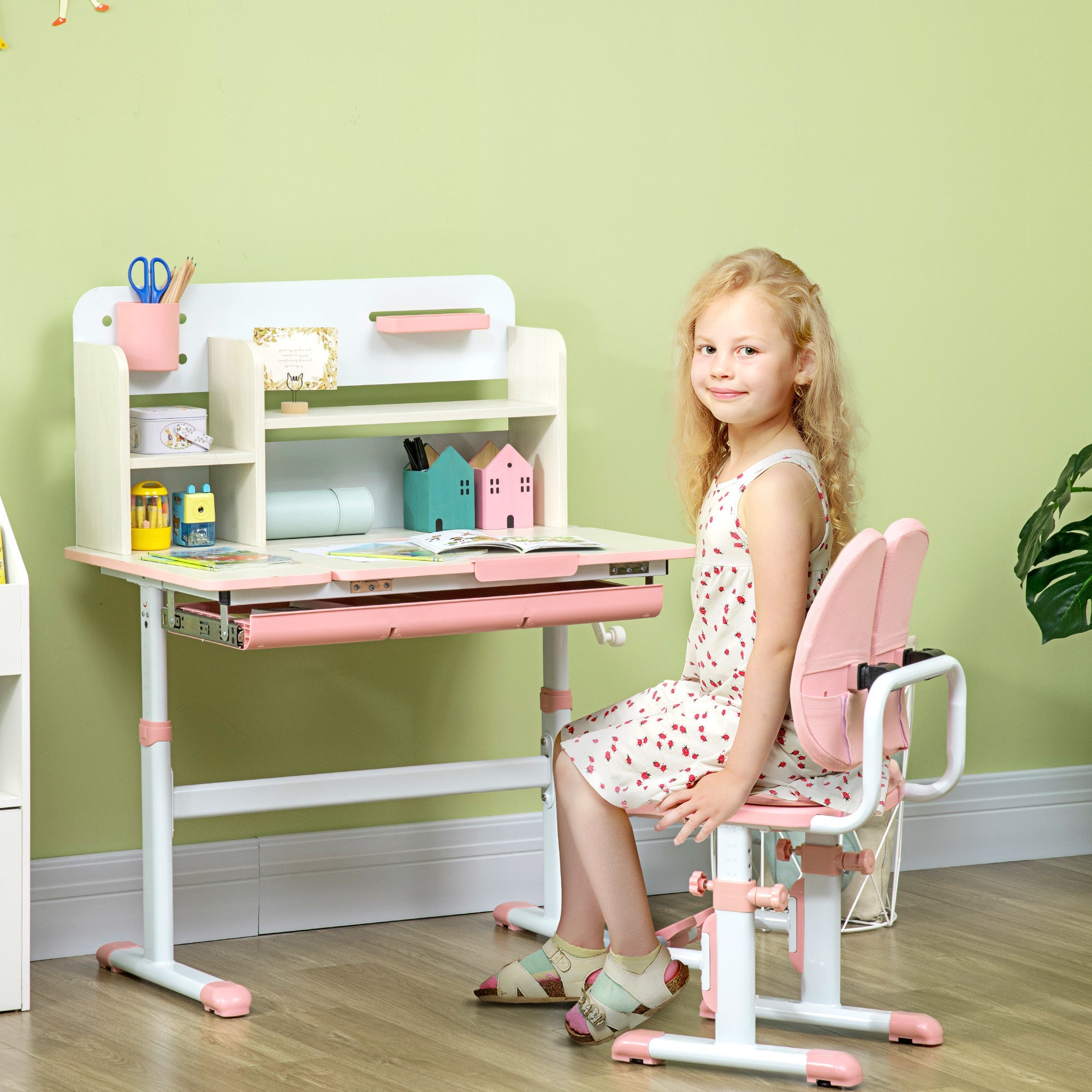 Kids Desk and Chair Set, Height Adjustable Student Writing Desk &; Chair with Adaptive Seat Back, Footrests, Bookshelf, Drawer, Pen Holder, Pink Kids Desk Sets   at Gallery Canada