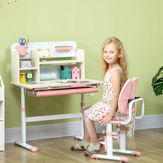 Kids Desk and Chair Set, Height Adjustable Student Writing Desk &; Chair with Adaptive Seat Back, Footrests, Bookshelf, Drawer, Pen Holder, Pink Kids Desk Sets Pink  at Gallery Canada