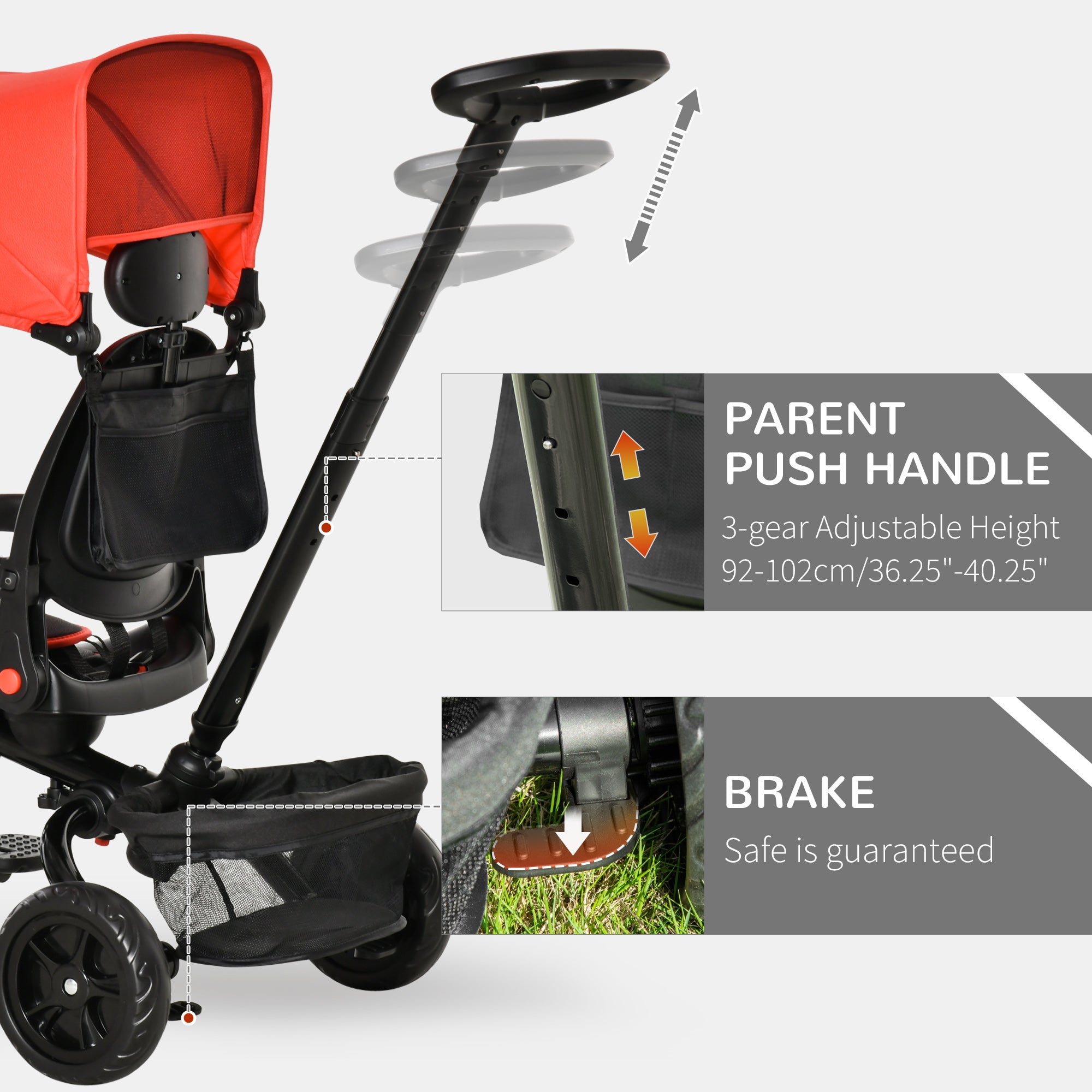 Baby Tricycle 4 In 1 Trike w/ Reversible Angle Adjustable Seat Removable Handle Canopy Handrail Belt Storage Footrest Brake Clutch for 1-5 Years Old Red Tricycles for Kids at Gallery Canada