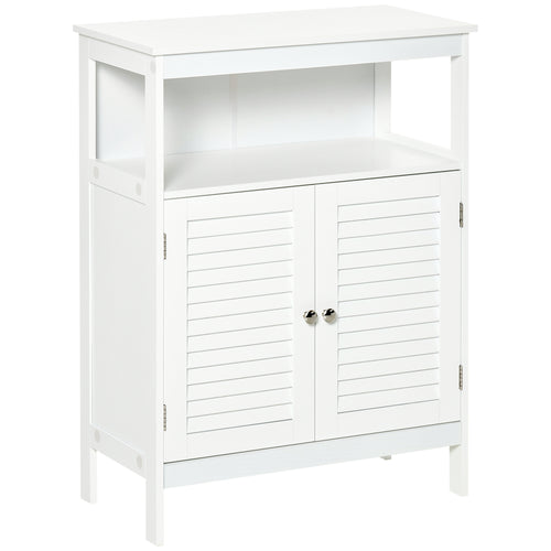 Bathroom Floor Storage Cabinet, Freestanding Bathroom Cabinet with Shutter Doors, Open Shelf and Adjustable Shelf, White