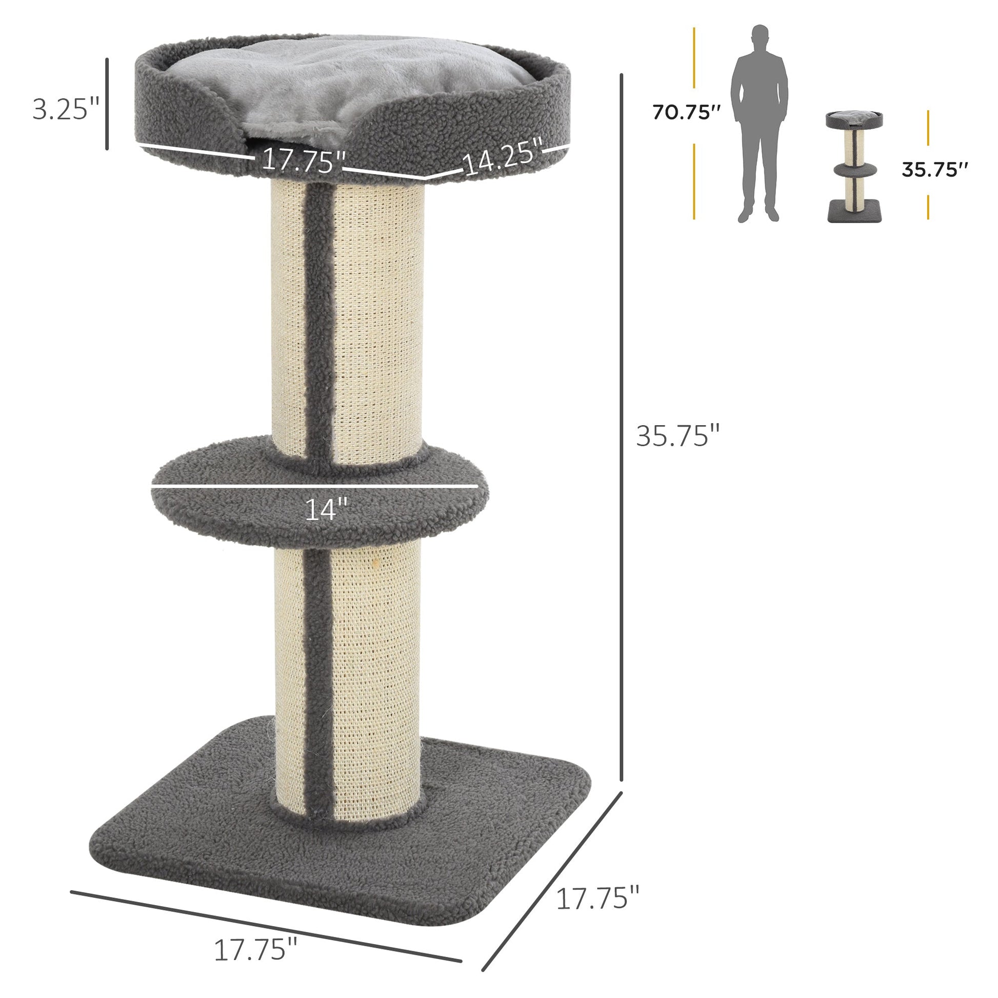 Cat Tree Kitty Tower with Sisal Mat Scratching Post, Cat Bed, Cushion, Perch, 18" x 18" x 36", Grey Cat Towers   at Gallery Canada