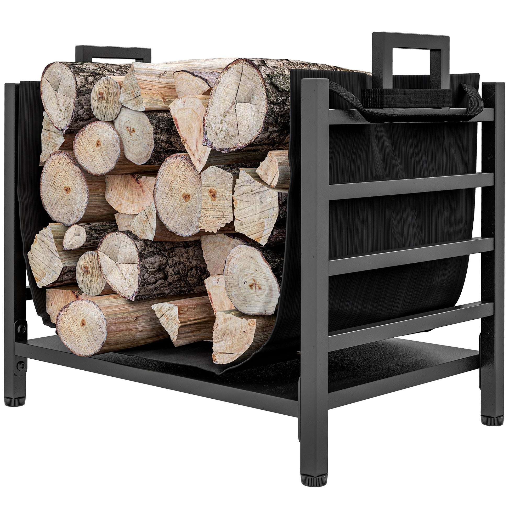 Outdoor Firewood Rack with Log Carrier, Heavy Duty Steel Wood Log Storage Stacker for Fireplace, Black Firewood Racks   at Gallery Canada