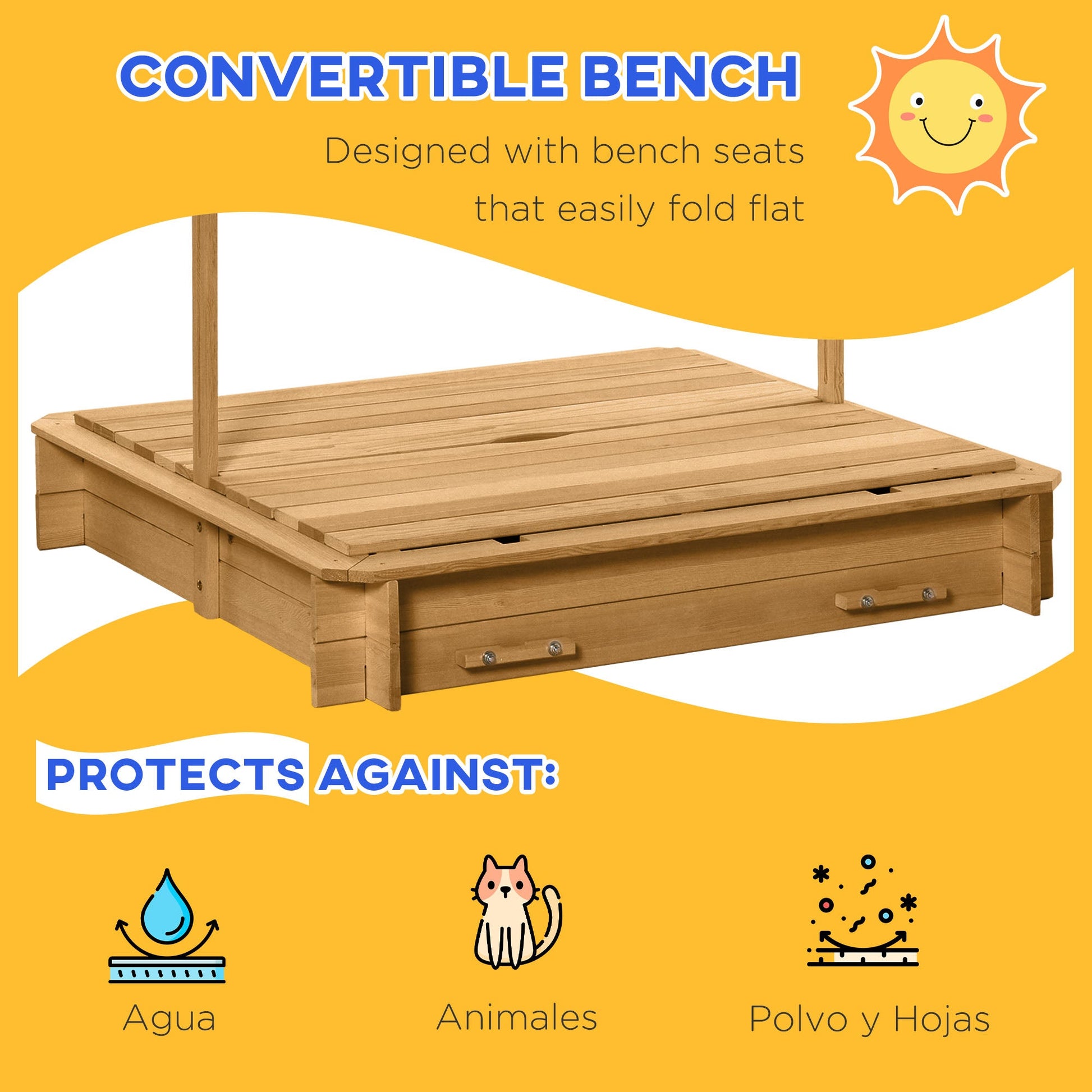 Wooden Kids Sandbox with Cover, Sand Play Station with Foldable Bench Seats and Adjustable Canopy, Light Brown Sandboxes & Accessories   at Gallery Canada