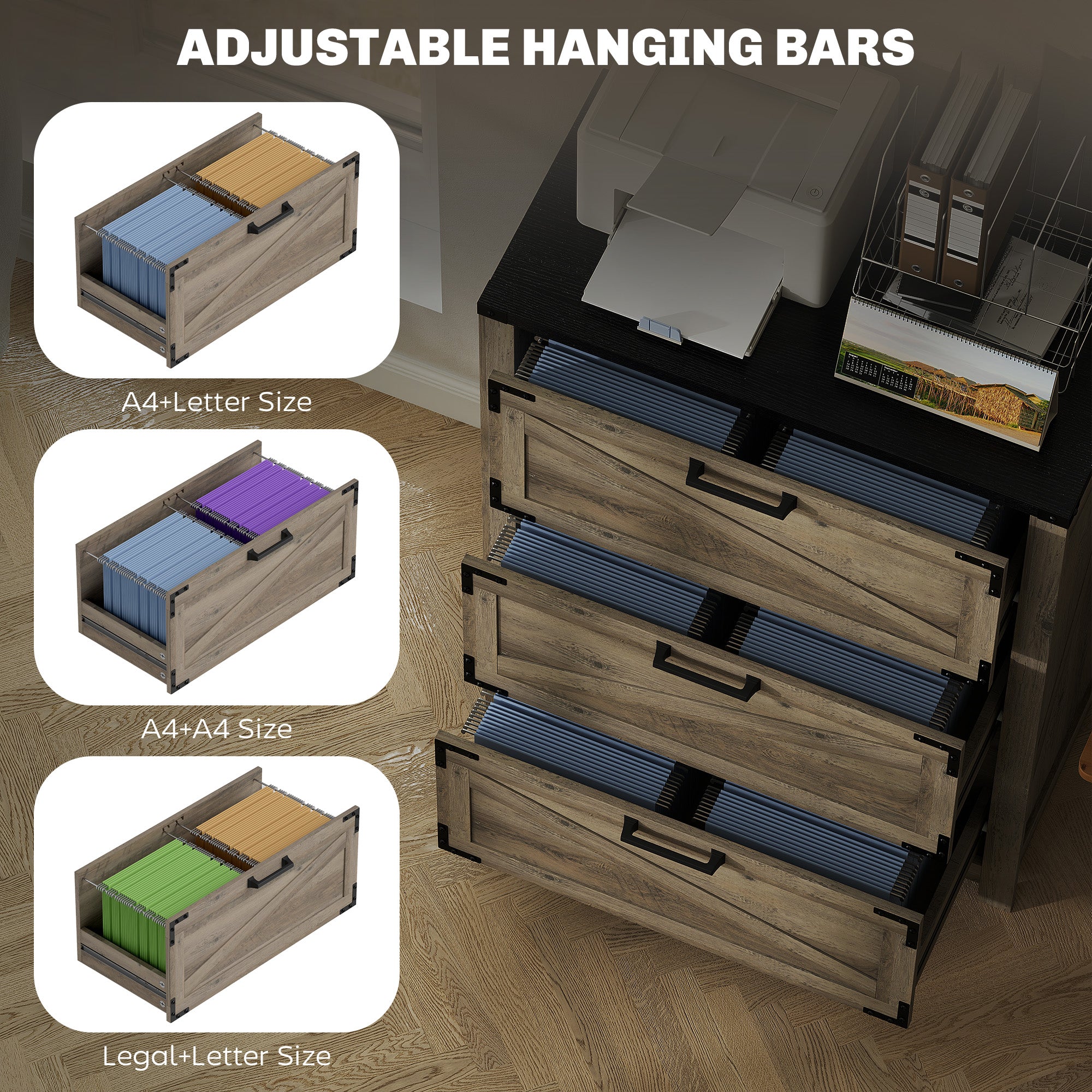 3 Drawer Filing Cabinet, Farmhouse Office Storage Cabinet with Adjustable Hanging Bars for Letter, A4, Legal Size, Grey Office Cabinets & Cupboards at Gallery Canada
