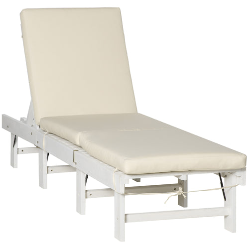 Wooden Folding Chaise Lounge, Outdoor Chaise Lounge Chair, Garden Reclining Tanning Chair with 4 Adjustable Back Soft Cushions, White