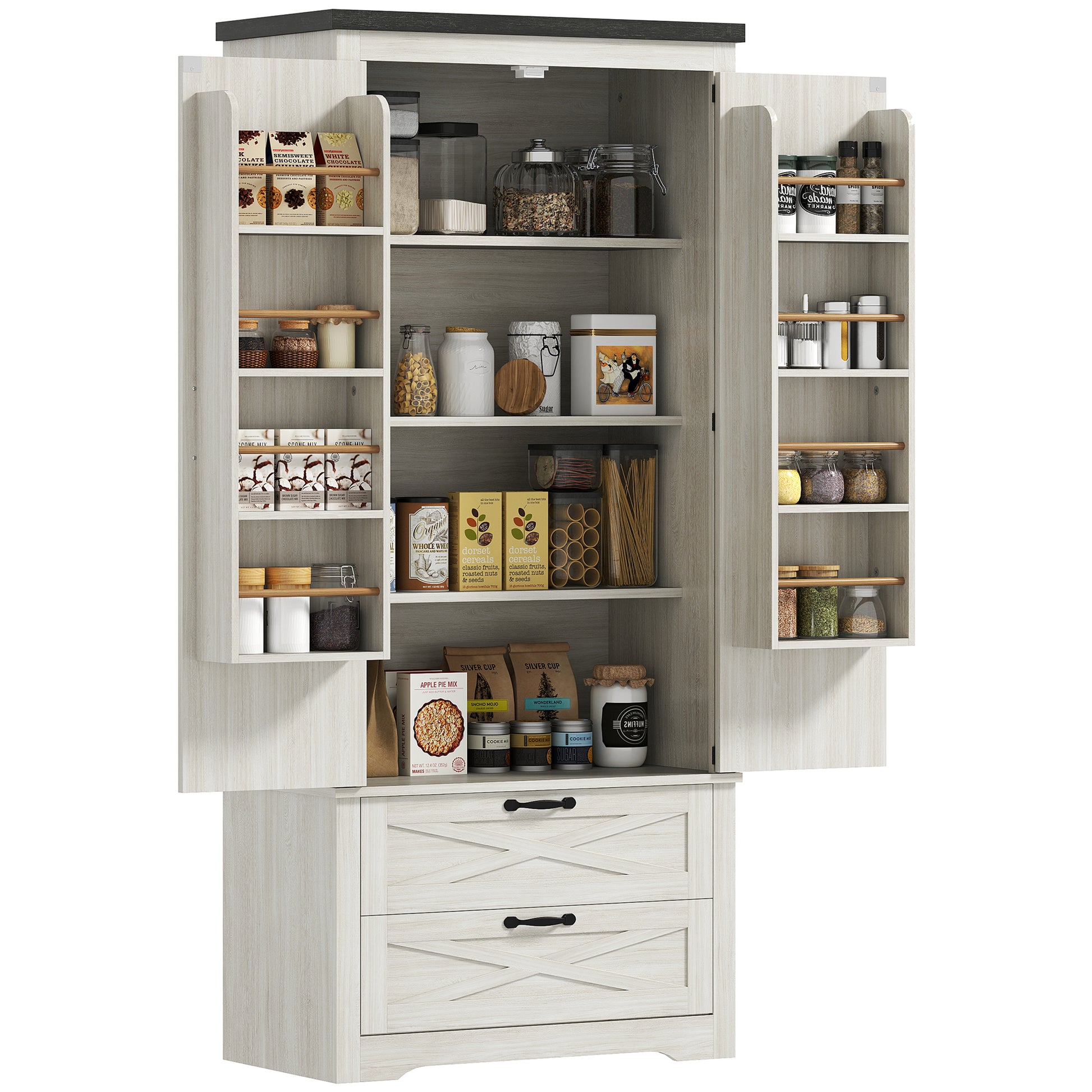 Farmhouse Kitchen Pantry Storage Cabinet, 64" Freestanding Kitchen Pantry Cabinet with Drawers, Distressed White Kitchen Pantry Cabinets at Gallery Canada