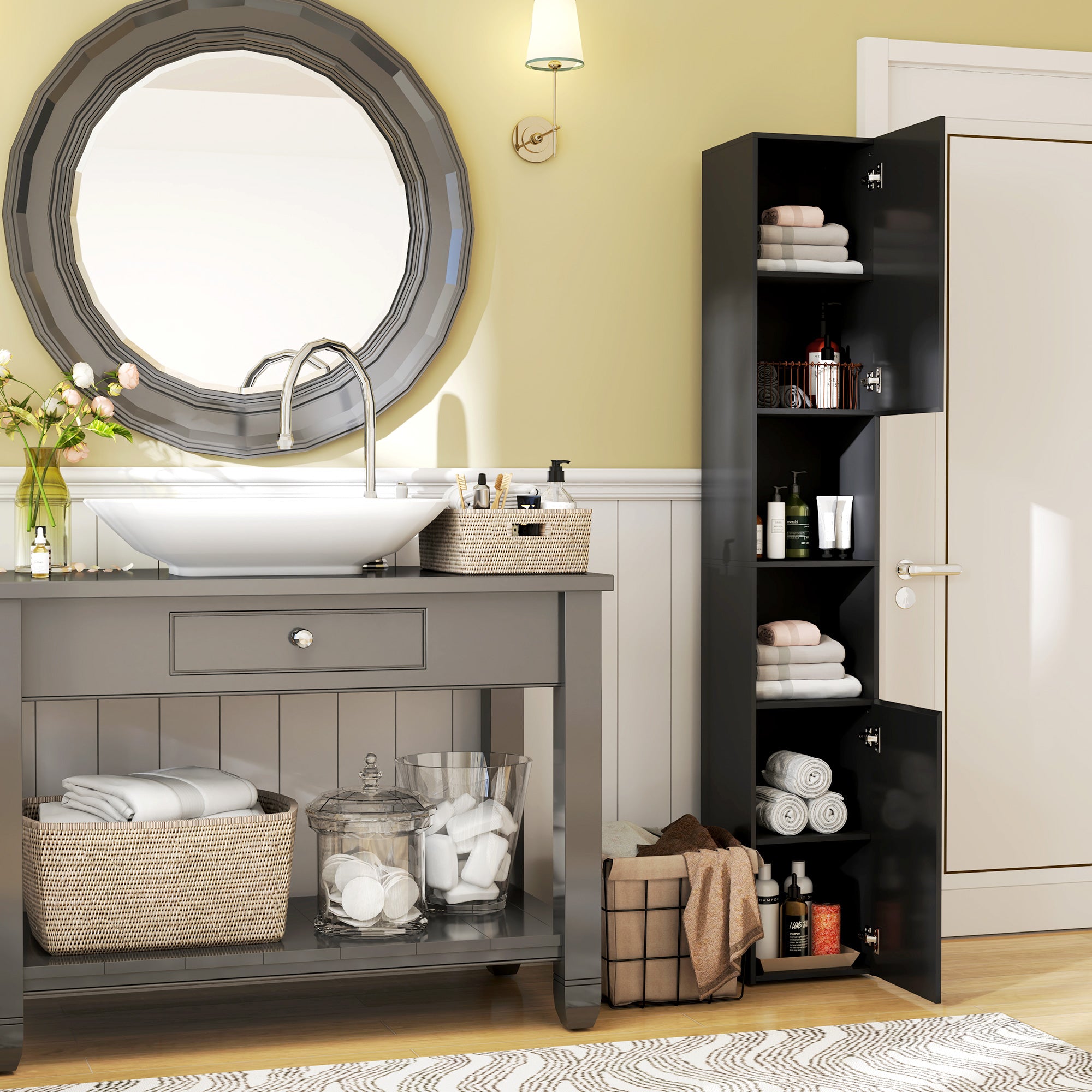 Tall Bathroom Cabinet, High Gloss Storage Cabinet with Doors and Adjustable Shelves, 11.8