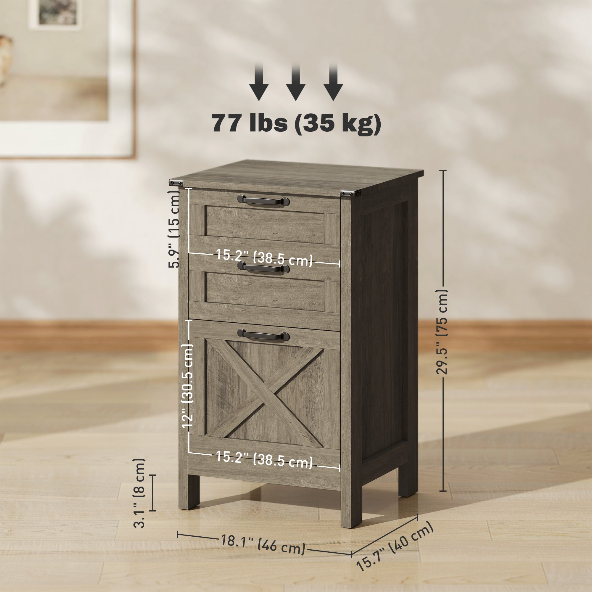 Vertical Filing Cabinet with 3 Drawers, Rustic Farmhouse Office Storage Cabinet for A4, Letter Size, Grey Wash Office Cabinets & Cupboards at Gallery Canada