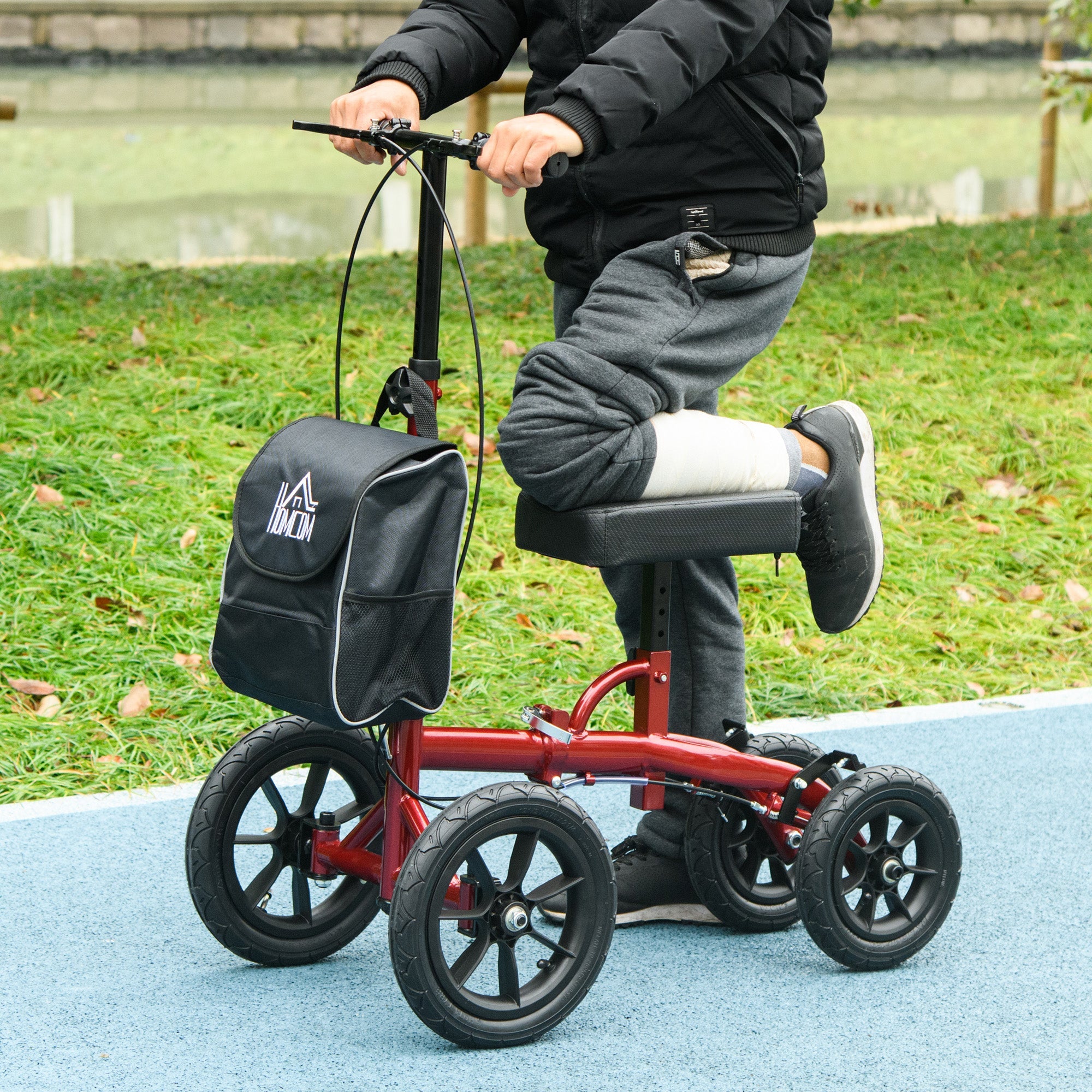 Adjustable Steerable Knee Walker, Foldable Knee Scooter with Rubber Wheels, Dual Brake, Crutch Alternative, Red Knee Walker & Wheelchair Ramps   at Gallery Canada