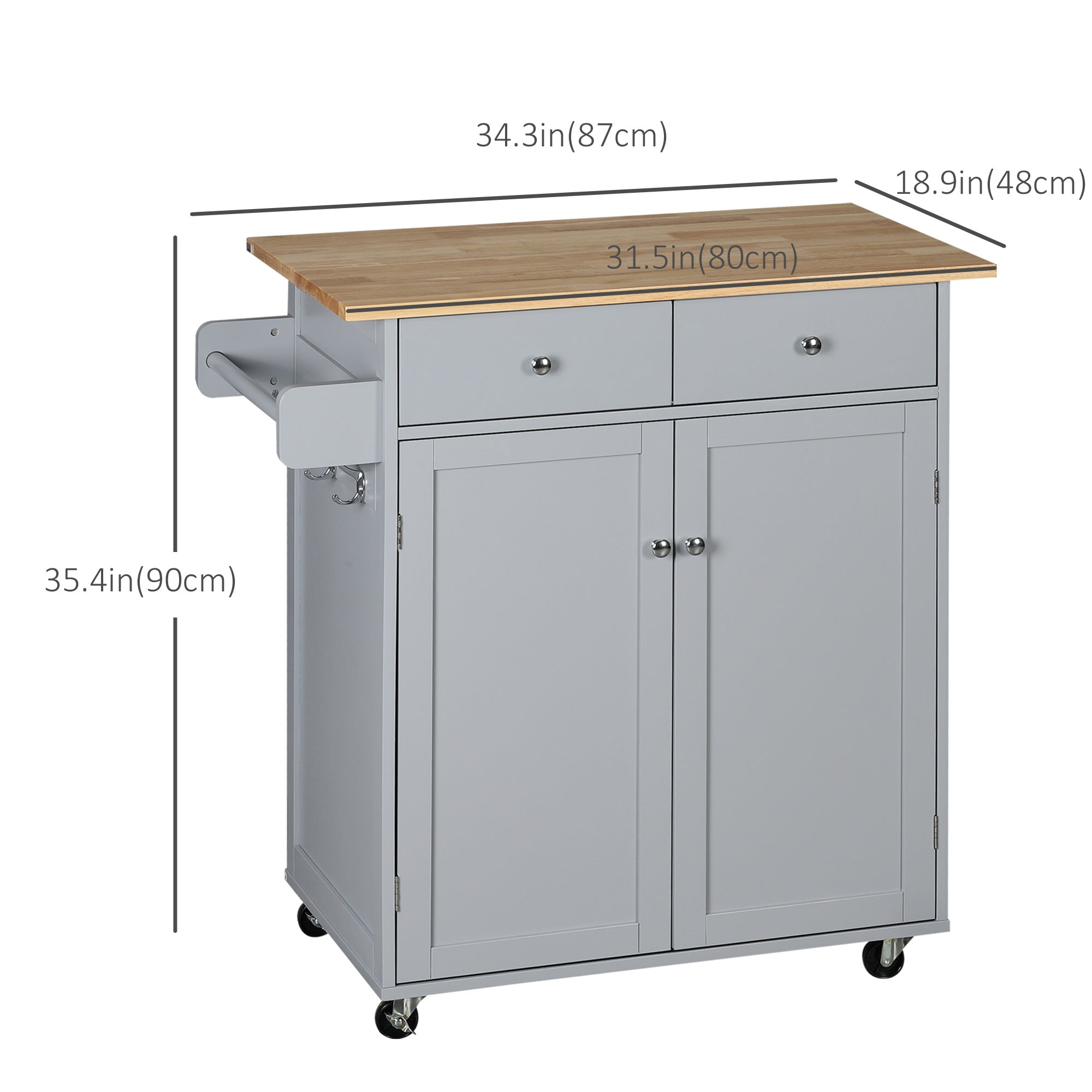 Rolling Kitchen Island with Storage, Kitchen Cart with Rubber Wood Top, Adjustable Shelf, Towel Rack, Hooks and Storage Drawers, Grey Kitchen Islands & Kitchen Carts   at Gallery Canada