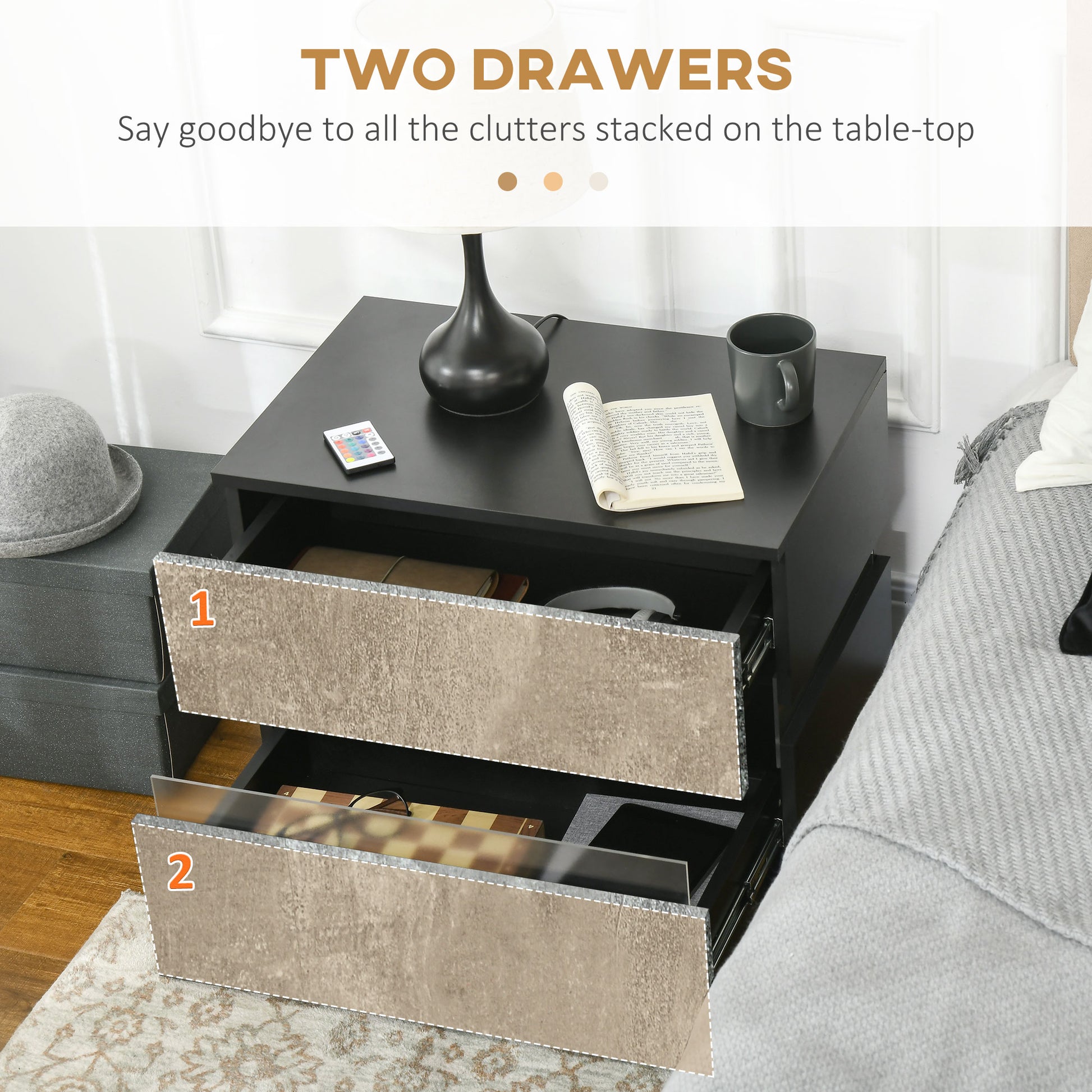 Modern Nightstand, Bedside Table with 2 Drawers, USB Powered RGB LED Lights, Remote for Bedroom, Grey Bedside Tables   at Gallery Canada