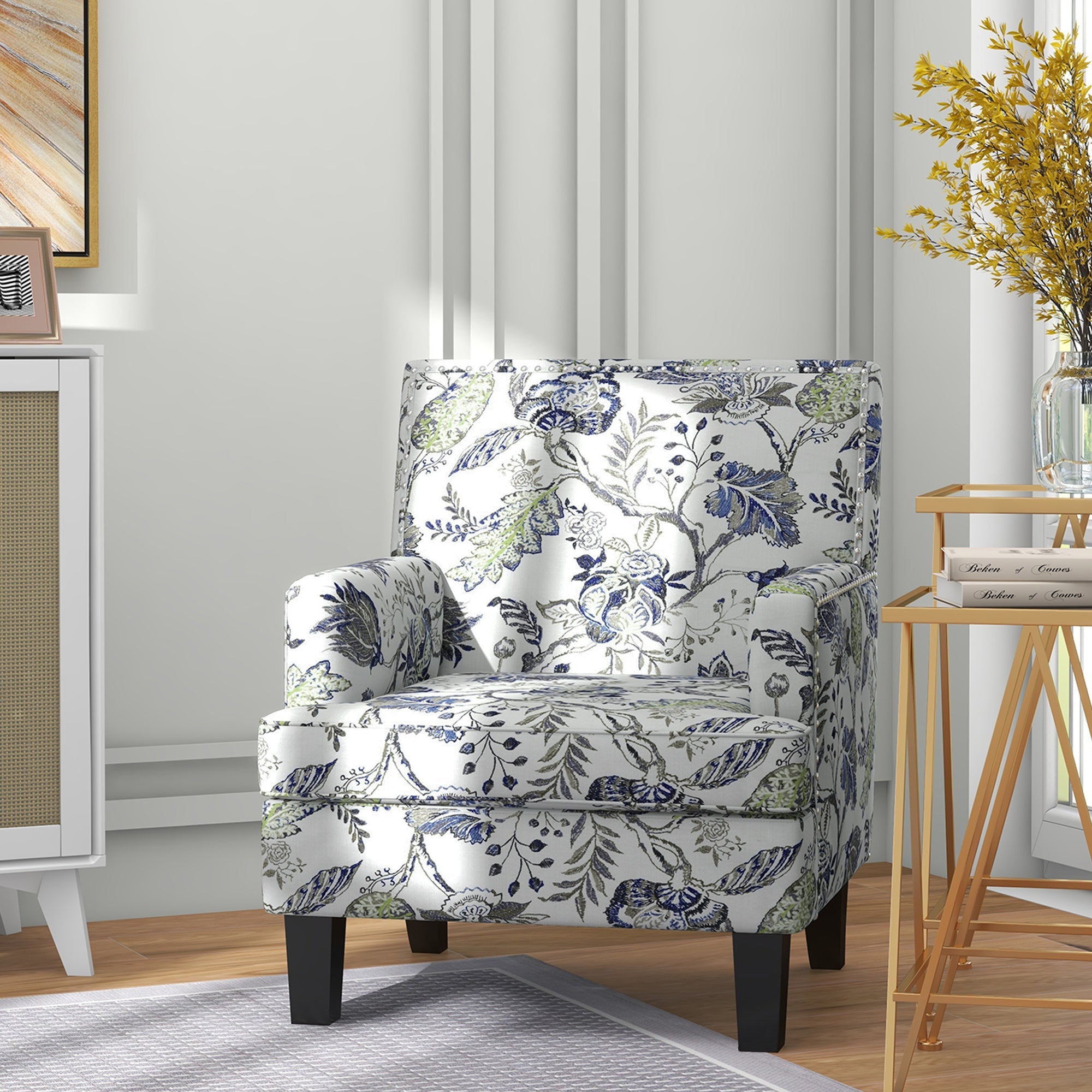 Upholstered Armchair, Mid-Century Accent Chair with Floral Pattern, Nailhead Trim for Living Room, Bedroom, Multicolour Accent Chairs   at Gallery Canada