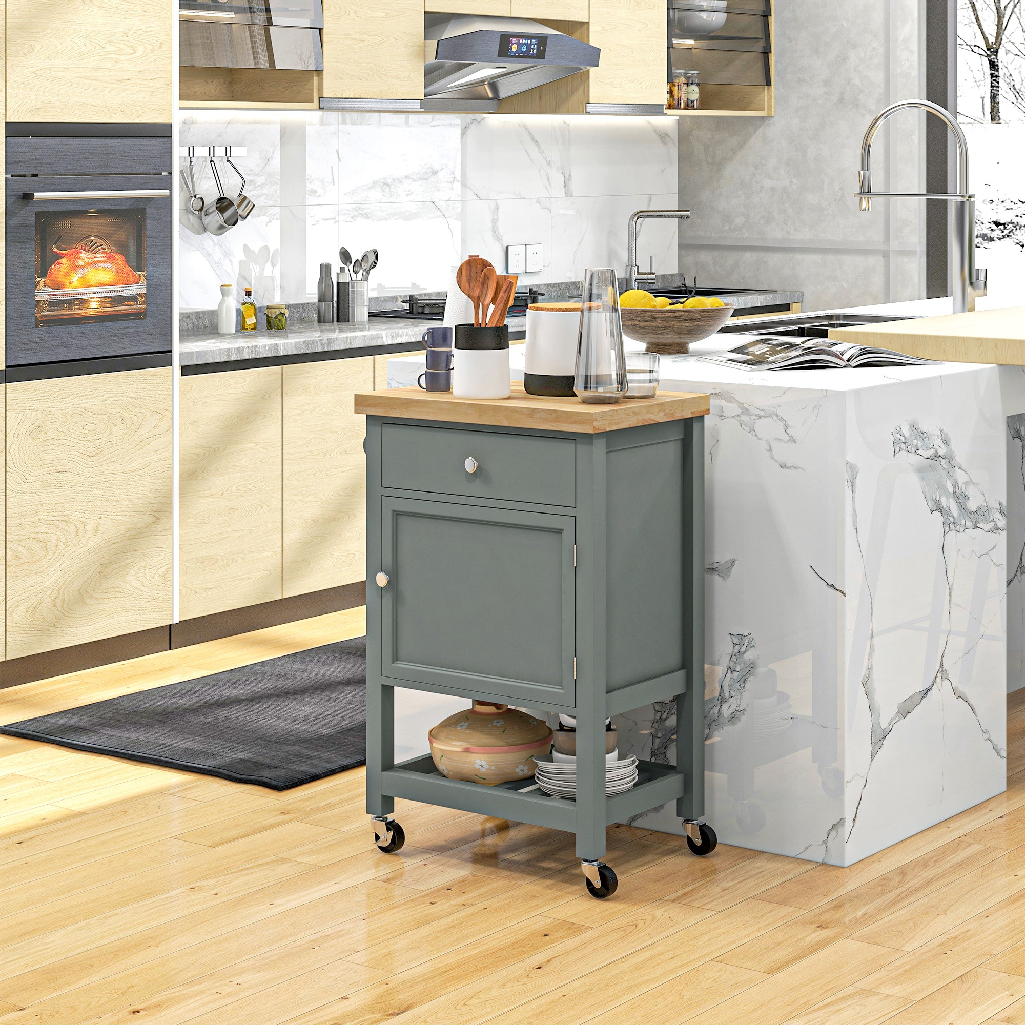 Kitchen Cart on Wheels, Rolling Kitchen Island Cart with Wood Top, Towel Rack, Drawer and Shelf for Dining Area, Grey Kitchen Islands & Kitchen Carts at Gallery Canada