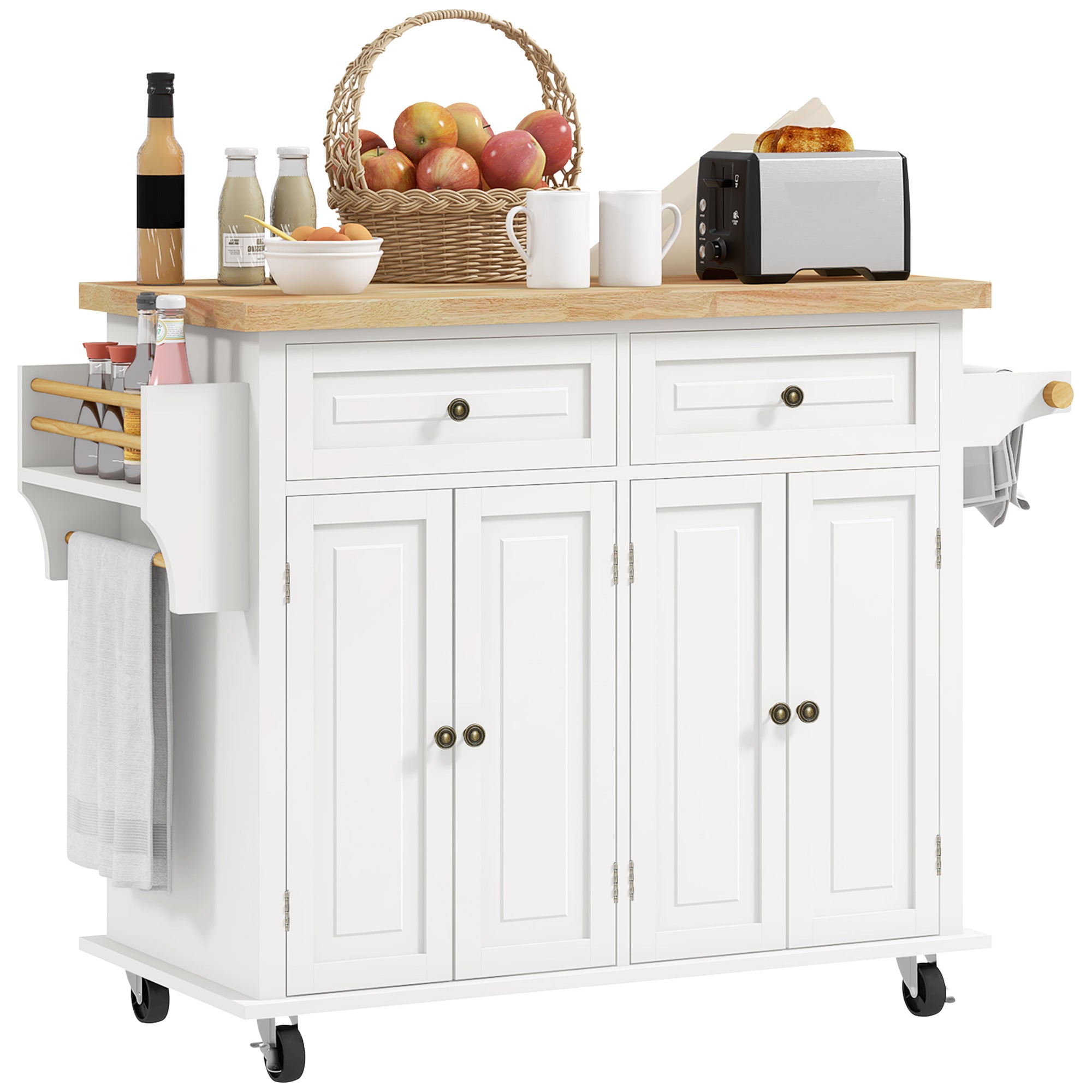 Kitchen Island with Storage, Rolling Trolley Cart with Rubber Wood Top, Spice Rack, Towel Rack, Cream White Kitchen Islands & Kitchen Carts   at Gallery Canada