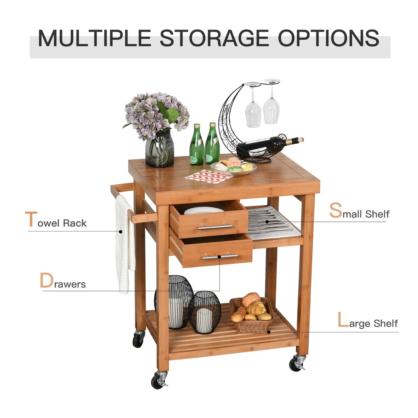 Bamboo Rolling Kitchen Island Trolley with Drawers &; Shelves Kitchen Islands & Kitchen Carts   at Gallery Canada