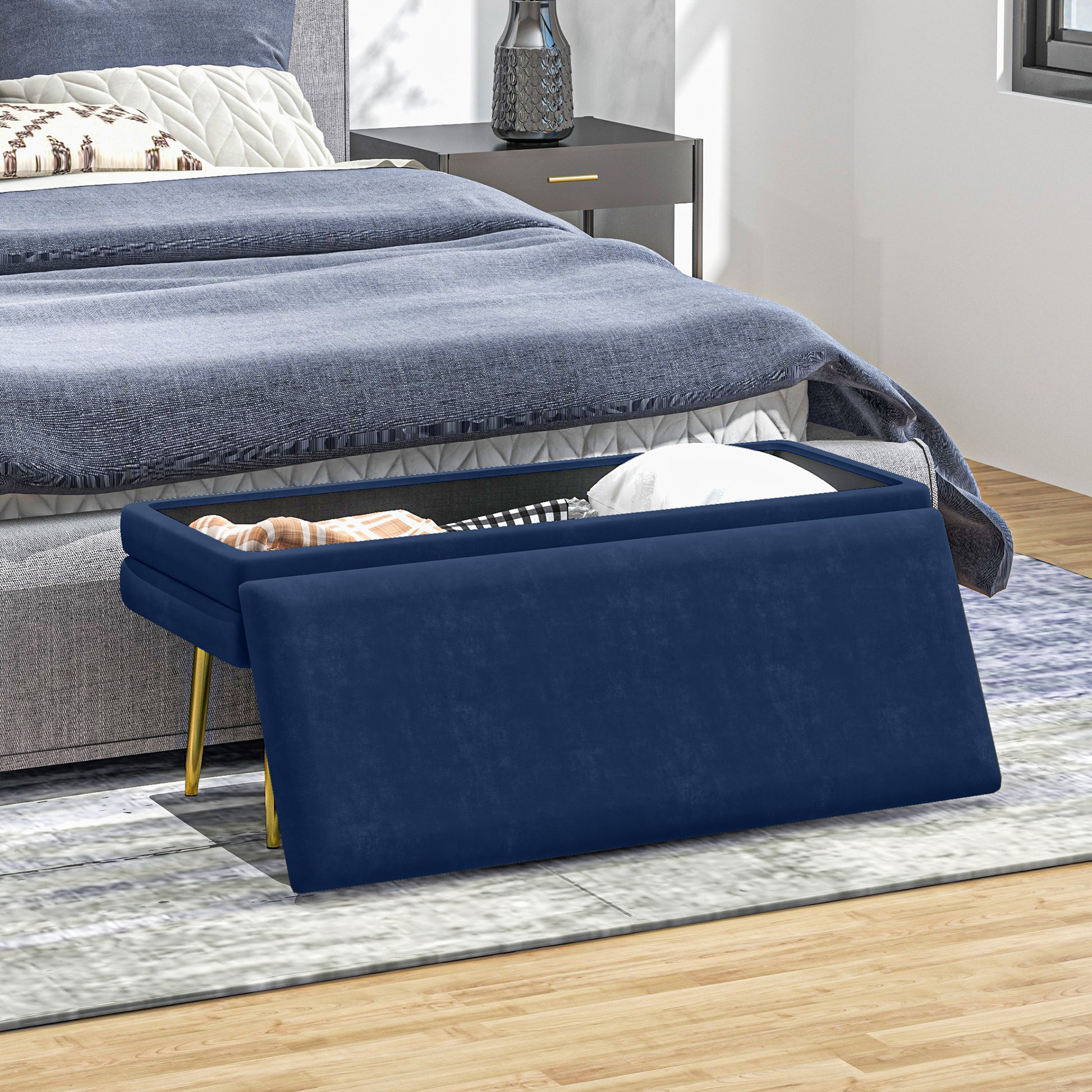 End of Bed Bench, Velvet-feel Upholstered Bench with Thick Padded Seat and Steel Legs, Modern Bedroom Bench, Dark Blue Storage Ottomans & Benches   at Gallery Canada