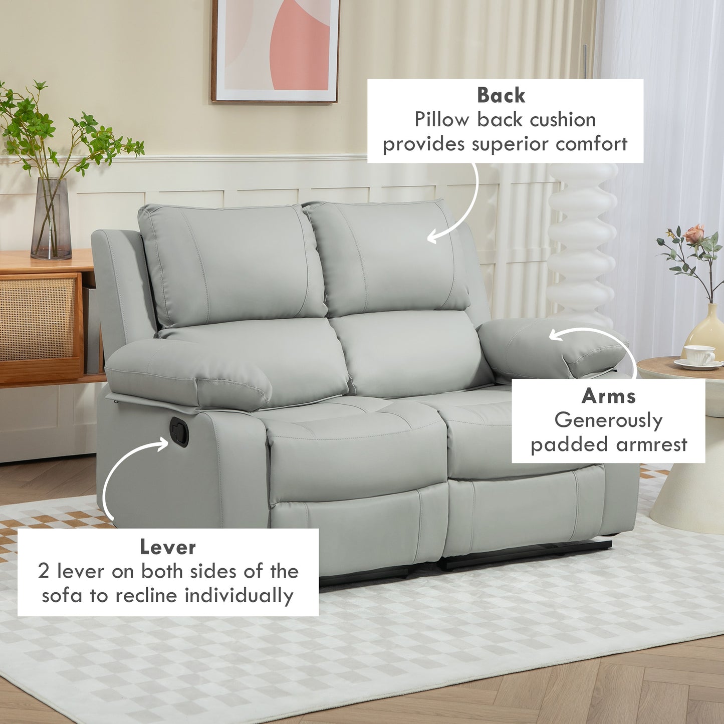 PU Leather Manual Recliner Sofa, Double Reclining Loveseat with Pullback Control Footrest for Living Room, Light Grey 2-Seater Sofas at Gallery Canada