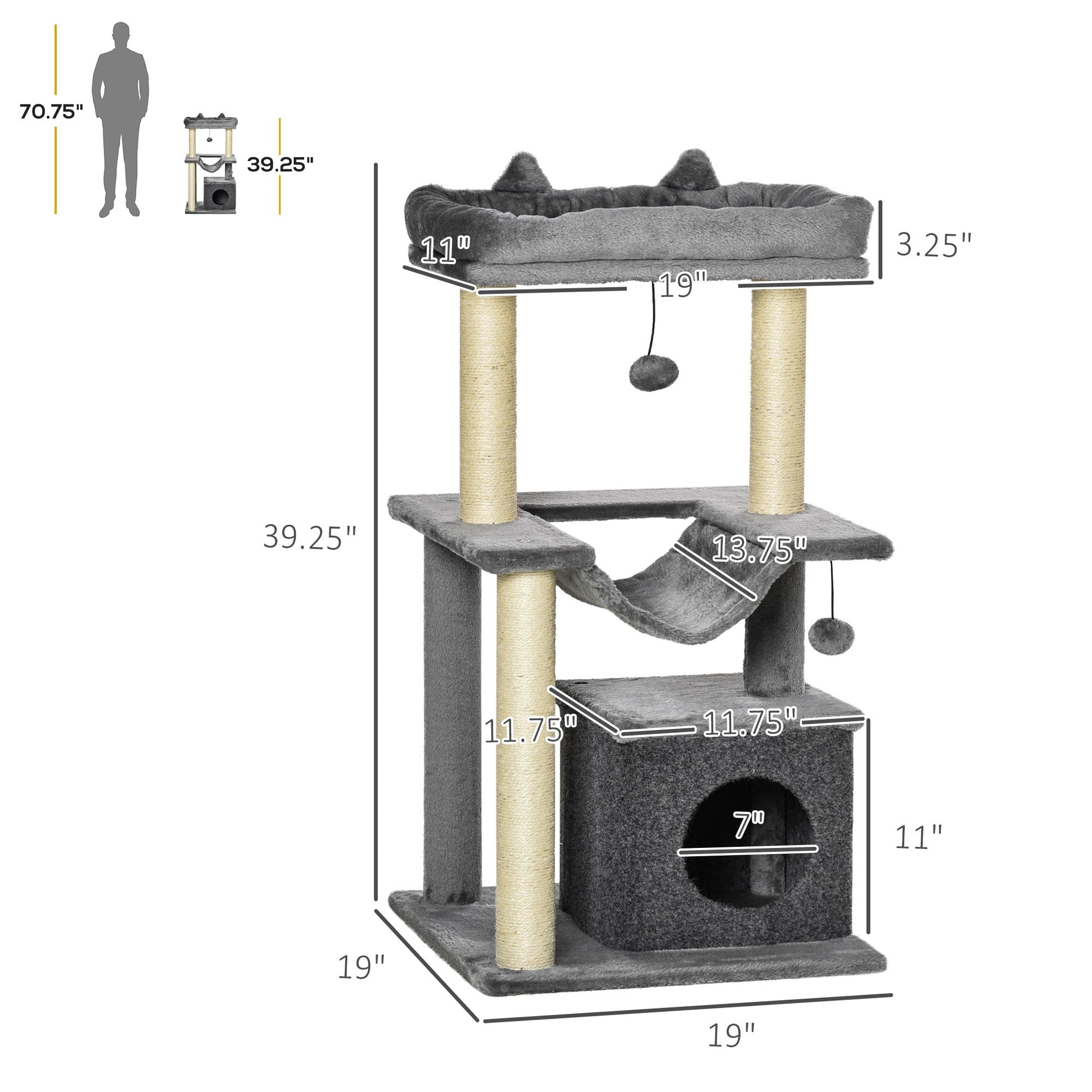 39.25'' Cat Tree Tower Multi-Level Kitten House with Scratching Post Condo Hammock Bed Ball Toy - Gray Cat Posts Grey  at Gallery Canada