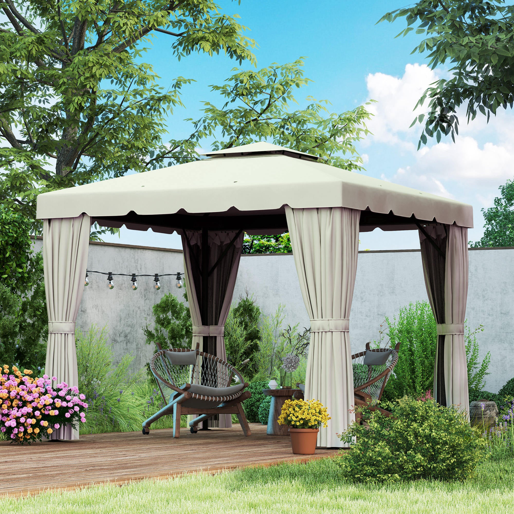 10' x 10' Outdoor Patio Gazebo Double Soft-top Garden Shelter Tent with Curtains, &; Mesh Screen Drapes, Cream White Gazebos Cream at Gallery Canada