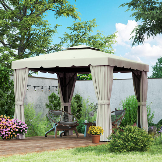 10' x 10' Outdoor Patio Gazebo Double Soft-top Garden Shelter Tent with Curtains, &; Mesh Screen Drapes, Cream White